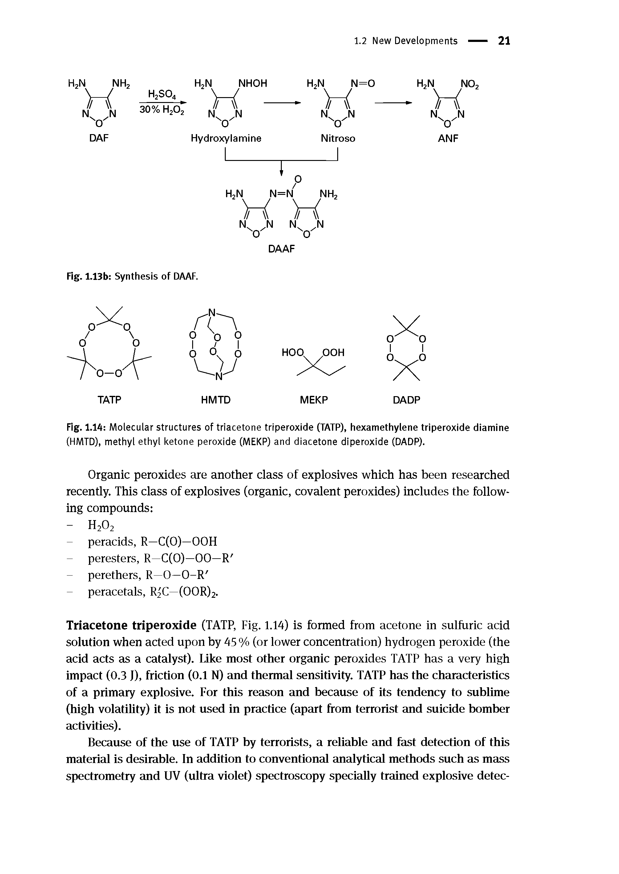 Fig. 1.14 Molecular structures of triacetone triperoxide (TATP), hexamethylene triperoxide diamine (HMTD), methyl ethyl ketone peroxide (MEKP) and diacetone diperoxide (DADP).