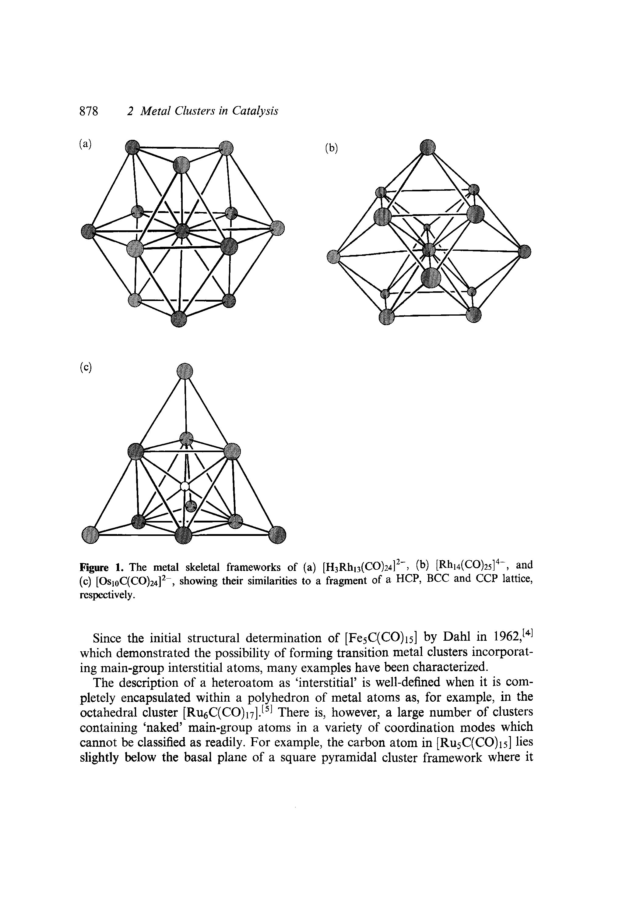 Figure 1. The metal skeletal frameworks of (a) [H3Rhi3 CO)24], (b) [Rhi4(CO)25], and (c) [OsioC(CO)24], showing their similarities to a fragment of a HCP, BCC and CCP lattice, respectively.