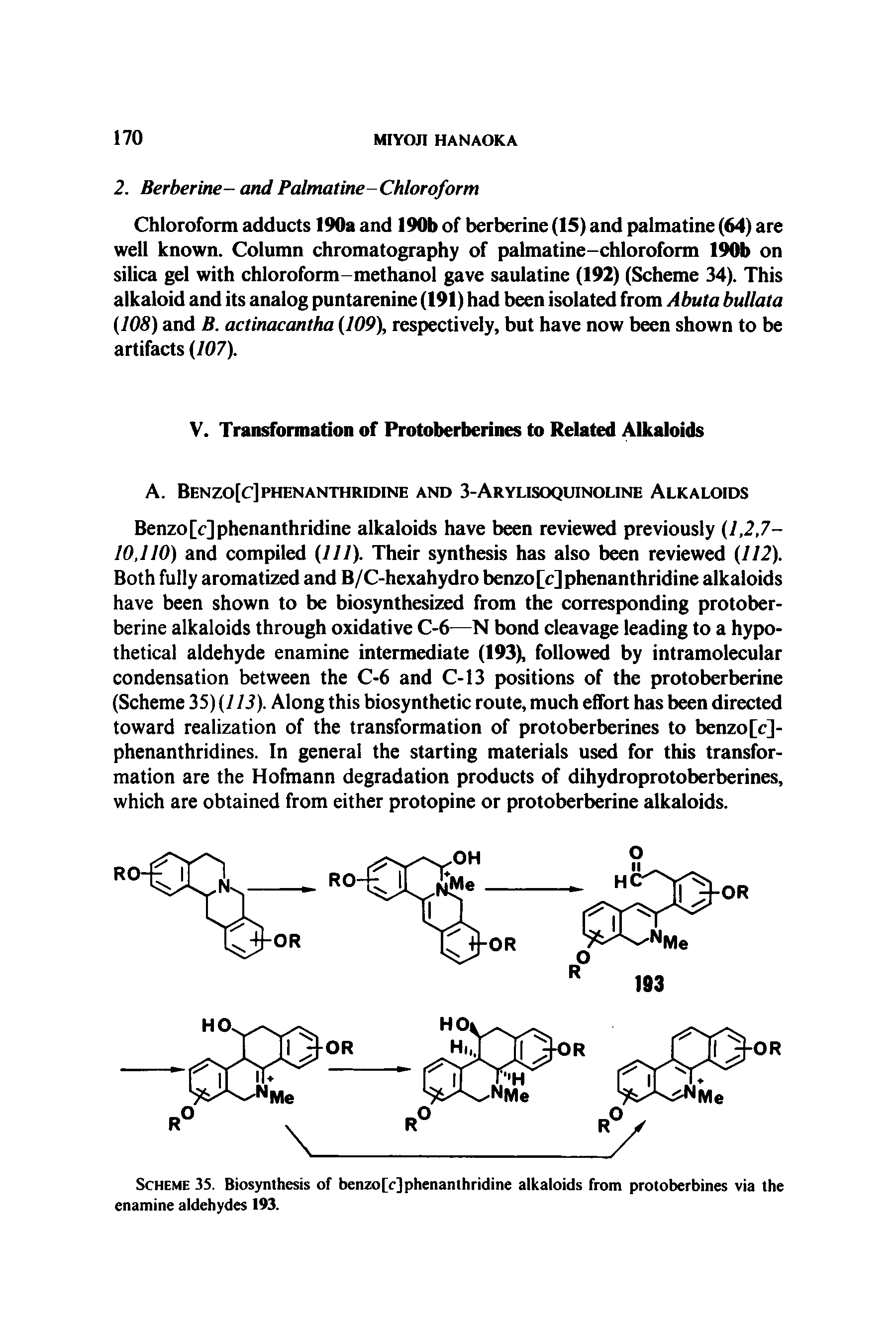 Scheme 35. Biosynthesis of benzo[c]phenanthridine alkaloids from protoberbines via the enamine aldehydes 193.