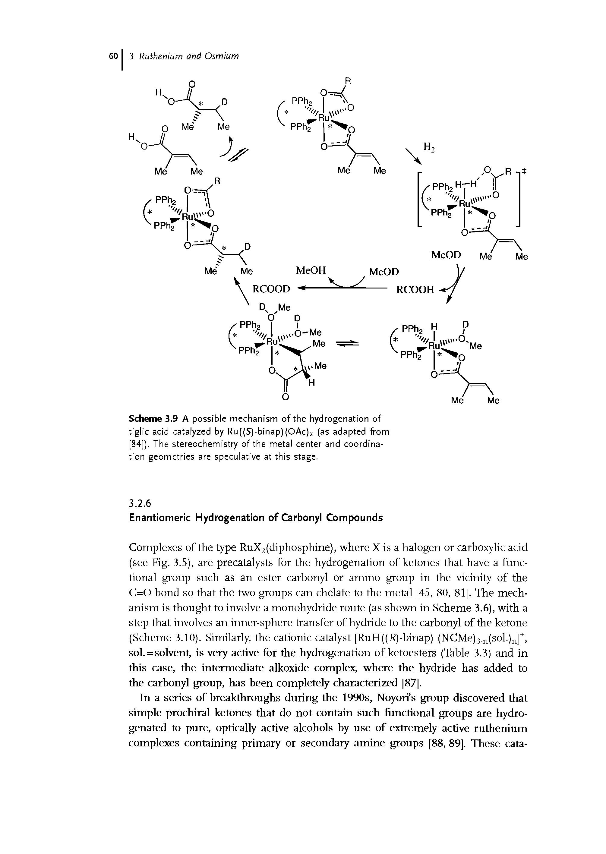 Scheme 3.9 A possible mechanism of the hydrogenation of tiglic acid catalyzed by Ru((S)-binap)(OAc)2 (as adapted from [84]). The stereochemistry of the metal center and coordination geometries are speculative at this stage.