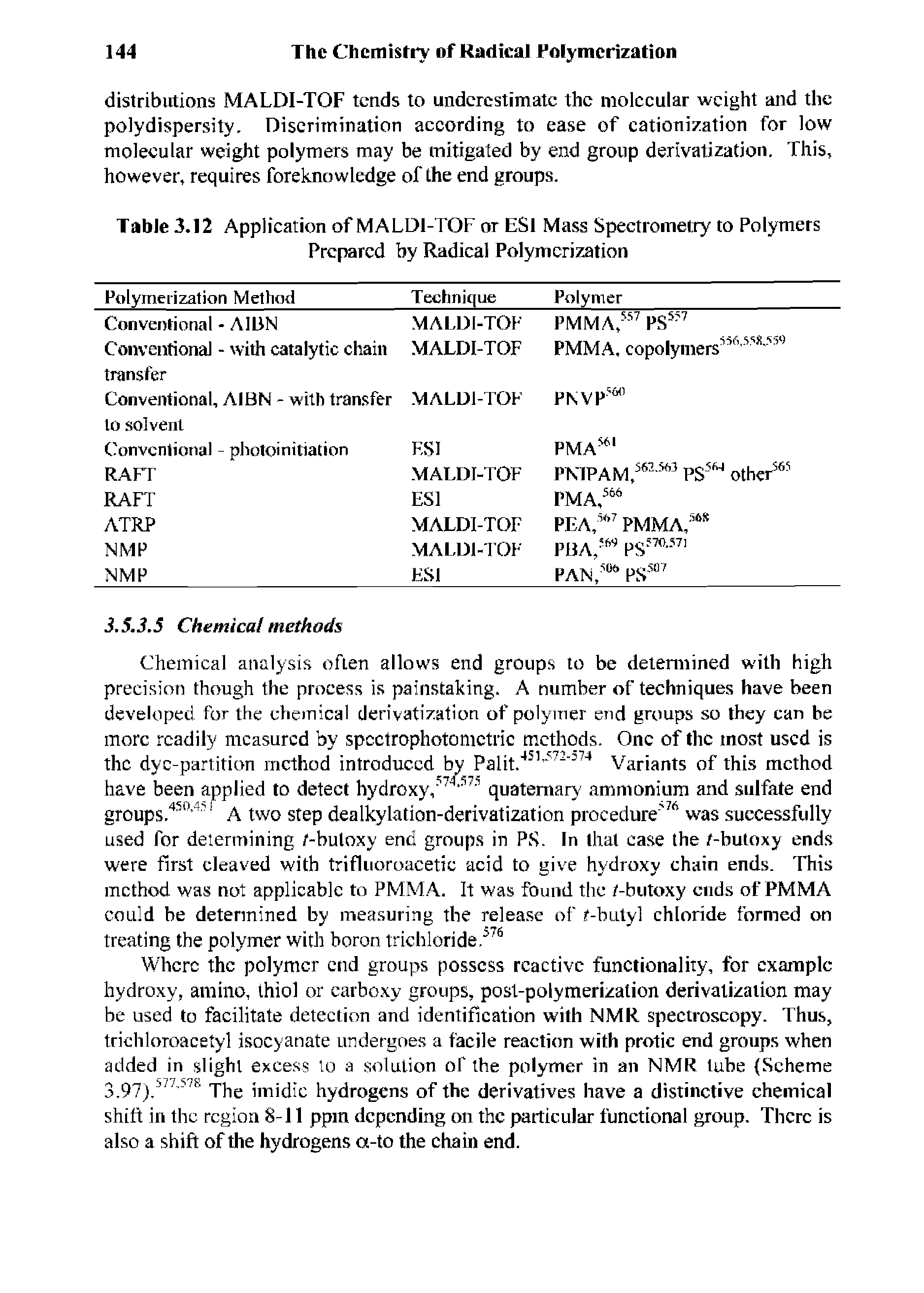 Table 3.12 Application of MALDI-TOF or ESI Mass Spectrometry to Polymers Prepared by Radical Polymerization...