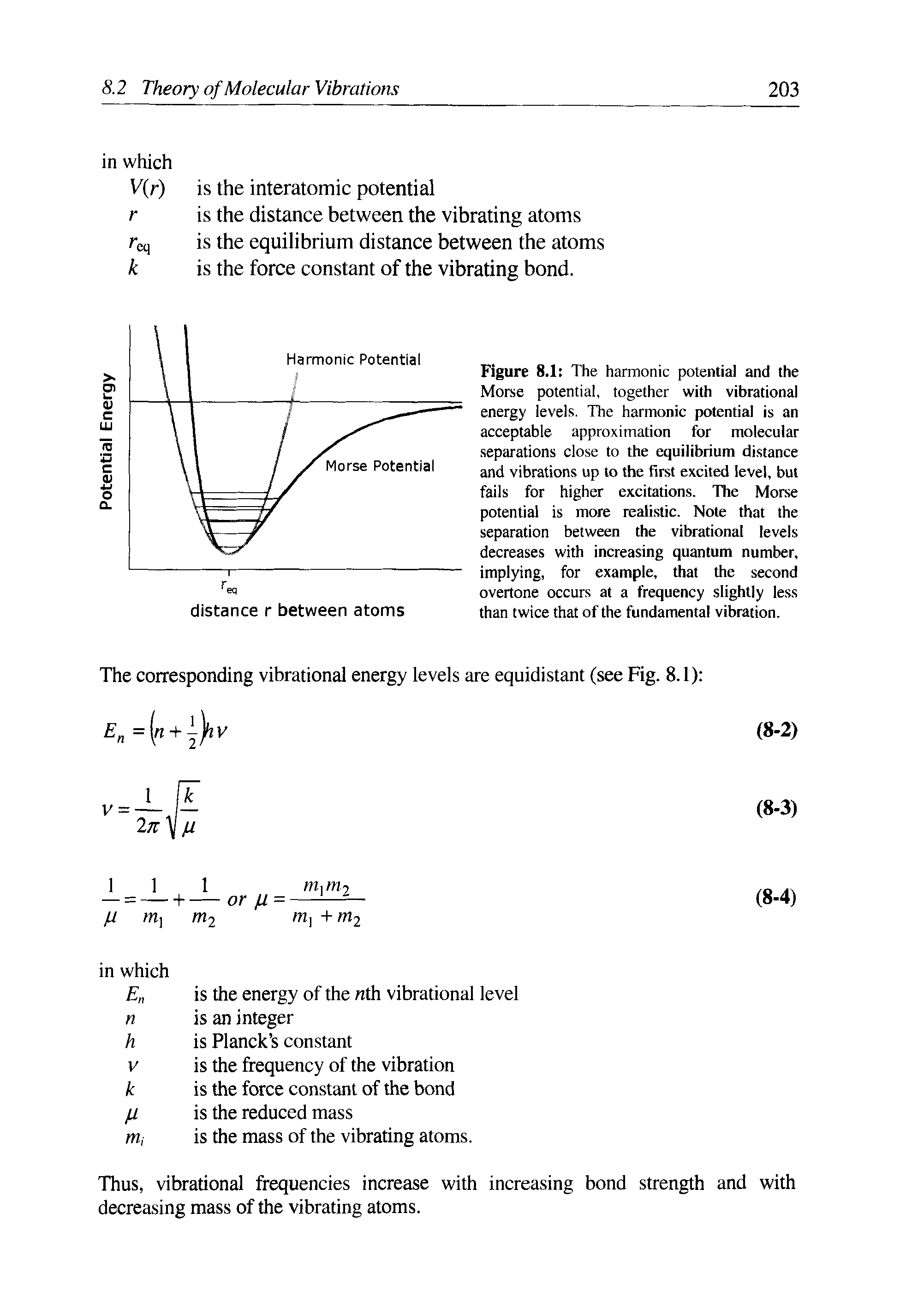 Figure 8.1 The harmonic potential and the Morse potential, together with vibrational energy levels. The harmonic potential is an acceptable approximation for molecular separations close to the equilibrium distance and vibrations up to the first excited level, but fails for higher excitations. The Morse potential is more realistic. Note that the separation between the vibrational levels decreases with increasing quantum number, implying, for example, that the second overtone occurs at a frequency slightly less than twice that of the fundamental vibration.