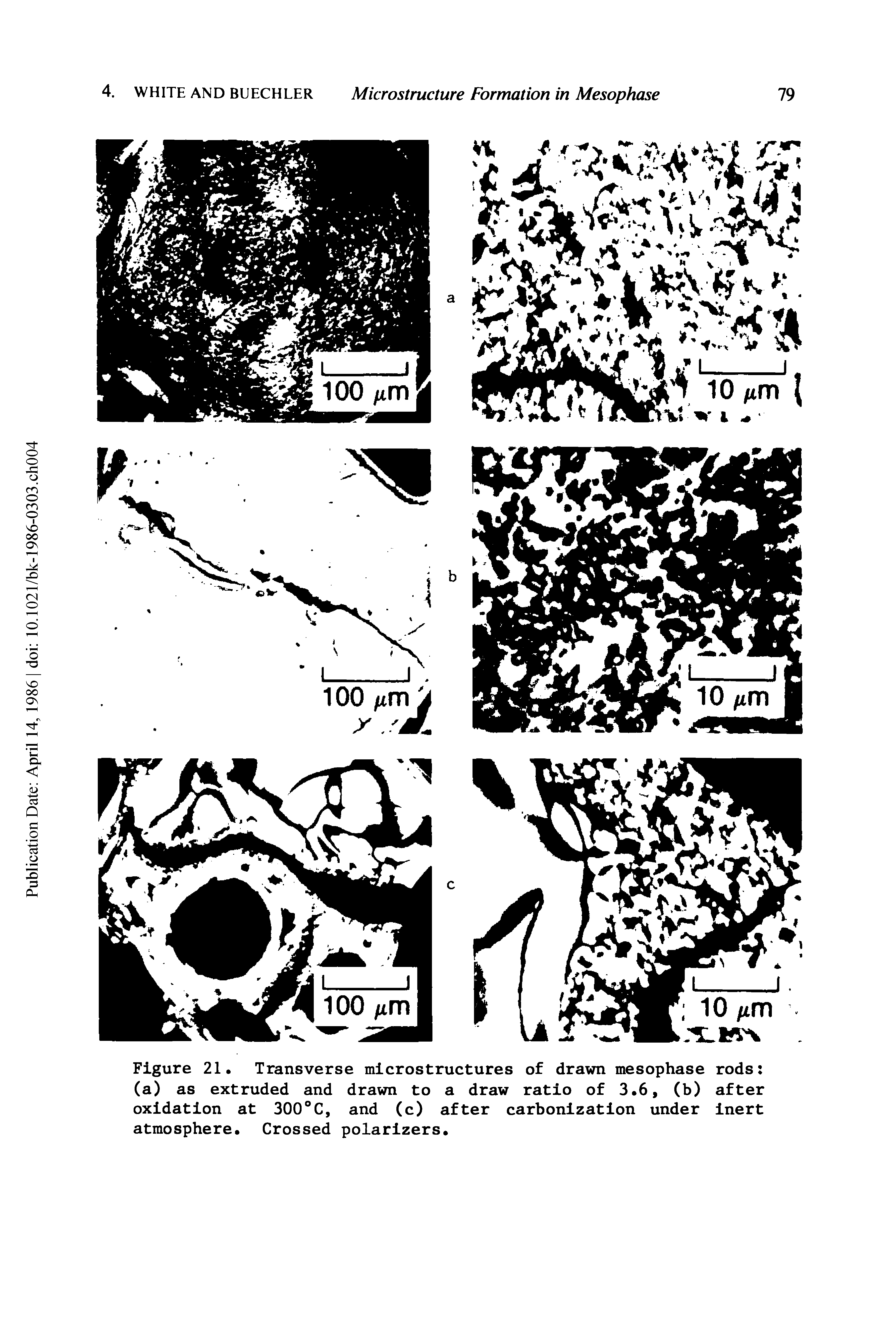 Figure 21. Transverse microstructures of drawn mesophase rods (a) as extruded and drawn to a draw ratio of 3.6, (b) after oxidation at 300°C, and (c) after carbonization under inert atmosphere. Crossed polarizers.