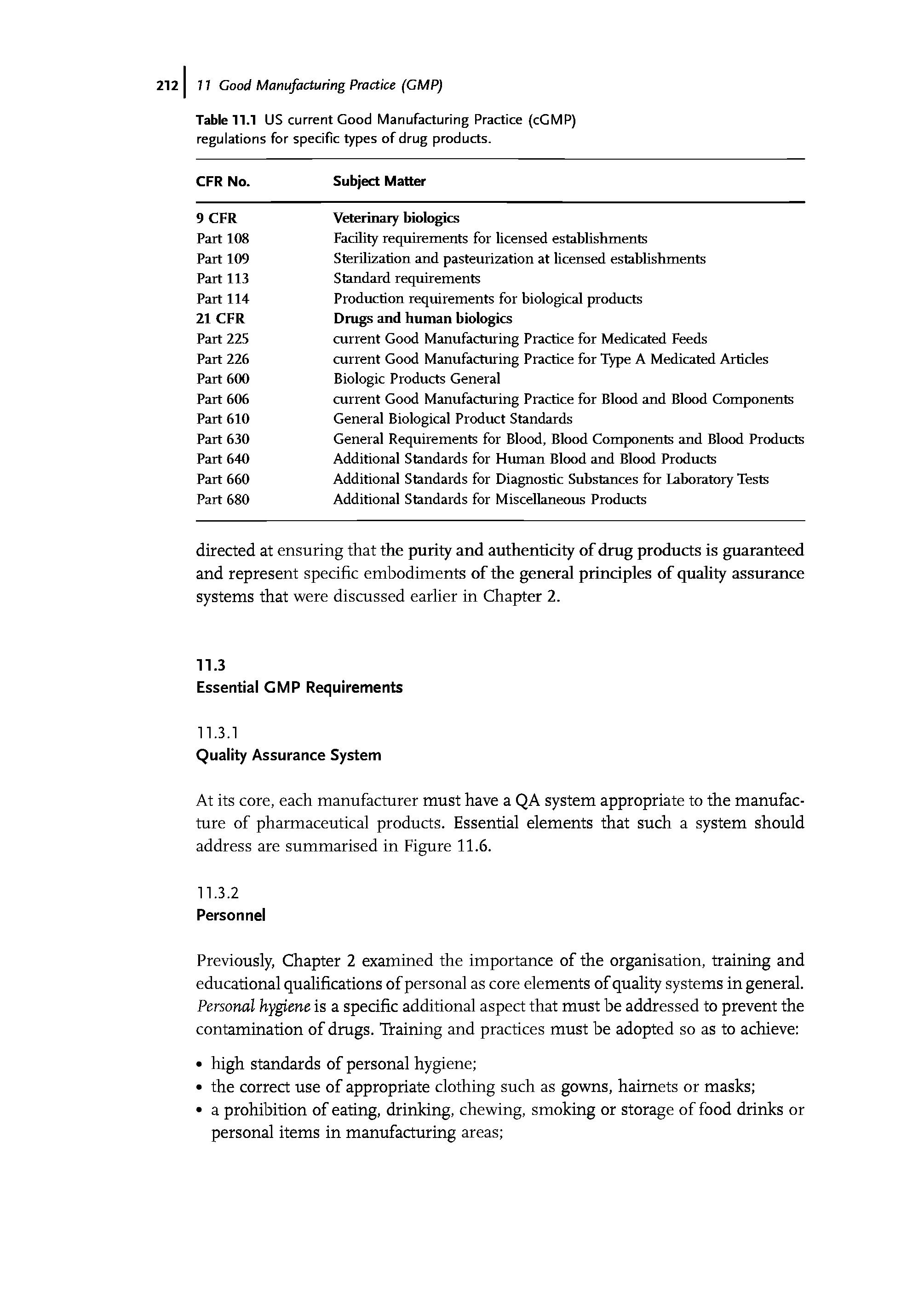 Table 11.1 US current Good Manufacturing Practice (cCMP) regulations for specific types of drug products.