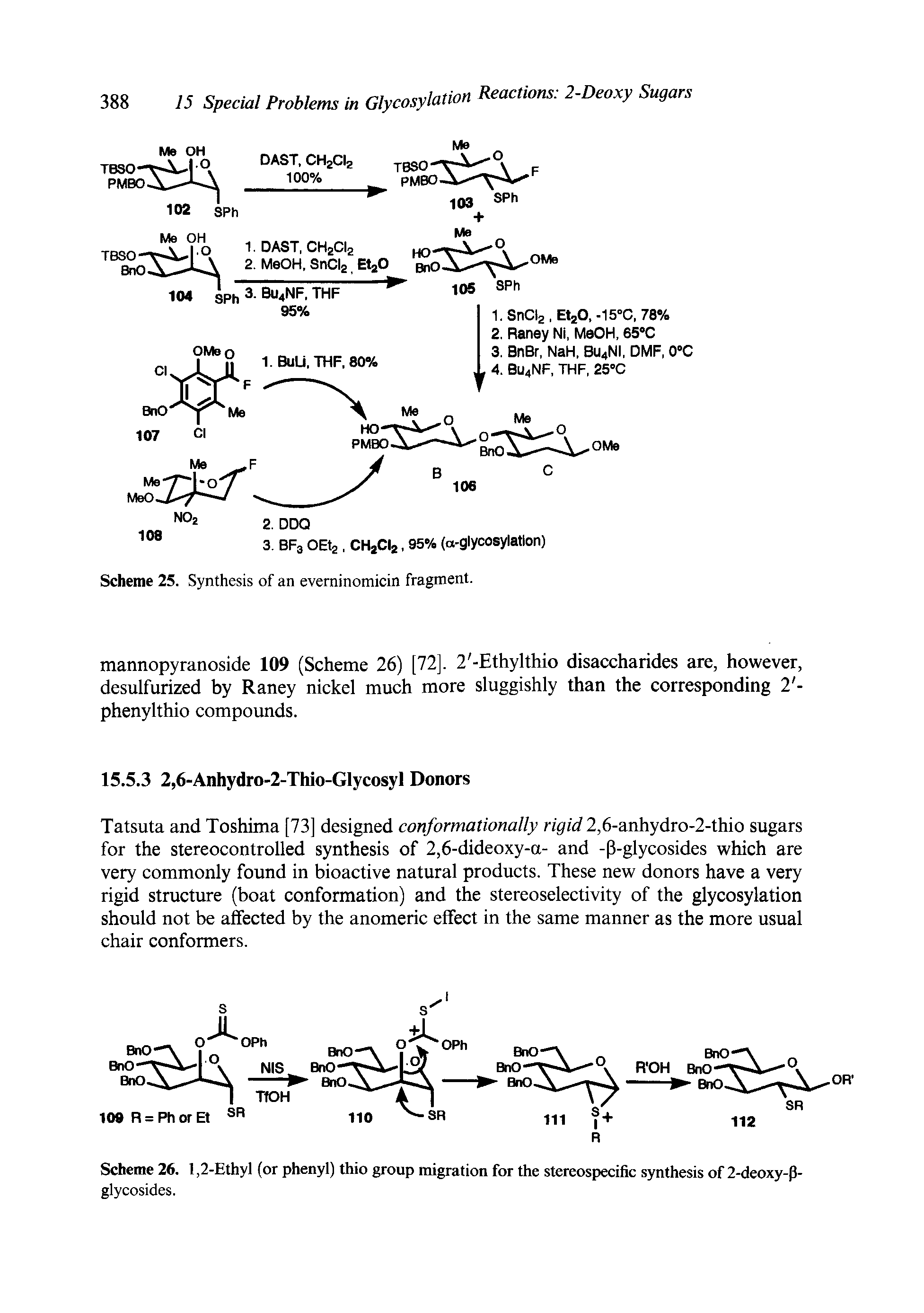 Scheme 26. 1,2-Ethyl (or phenyl) thio group migration for the stereospecific synthesis of 2-deoxy-P-glycosides.
