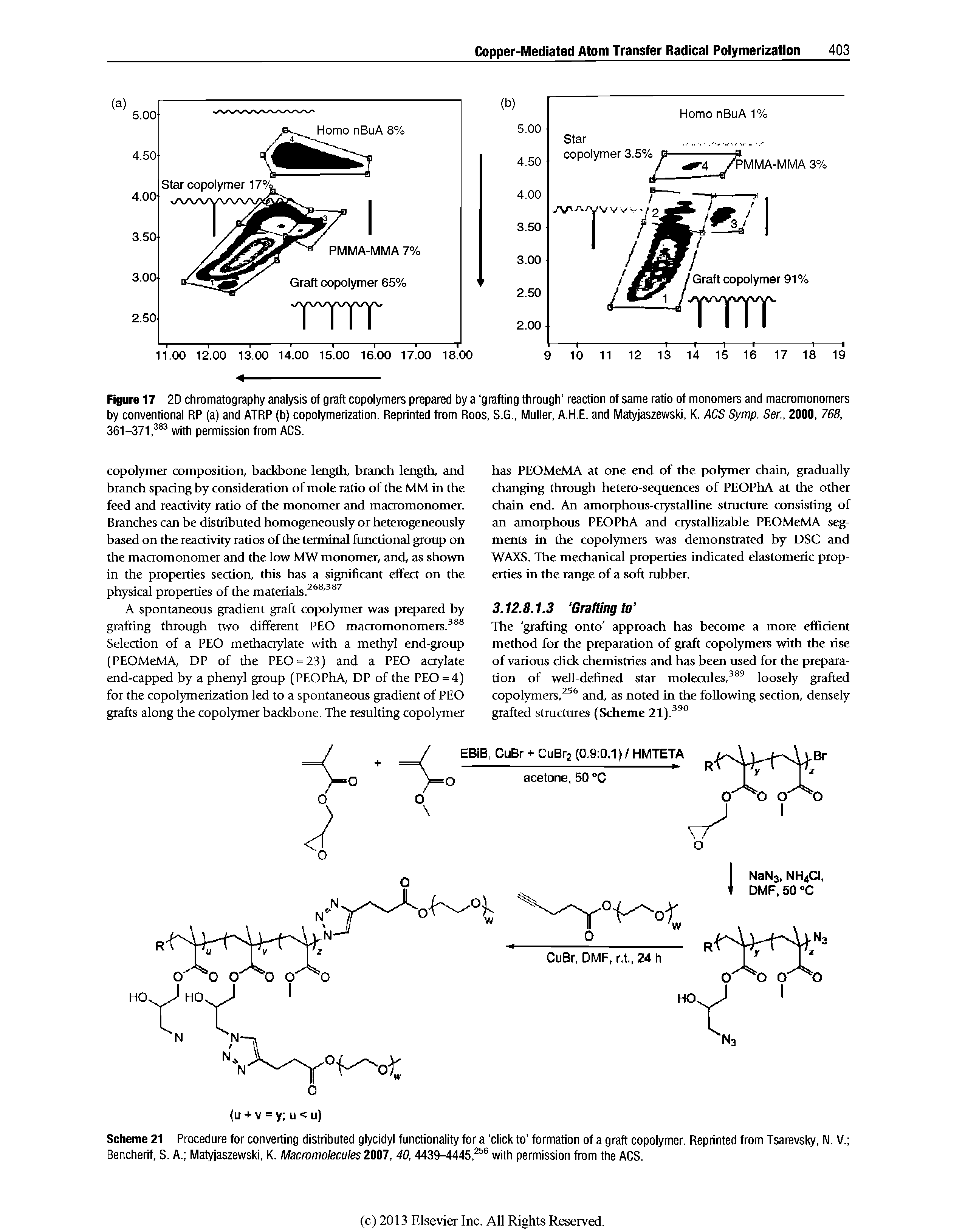 Scheme 21 Procedure for converting distributed glycidyl functionality for a click to formation of a graft copolymer. Reprinted from Tsarevsky, N. V. Bencherif, S. A. Matyjaszewski, K. Macromolecules 2007, 40,4439-4445, with permission from the ACS.