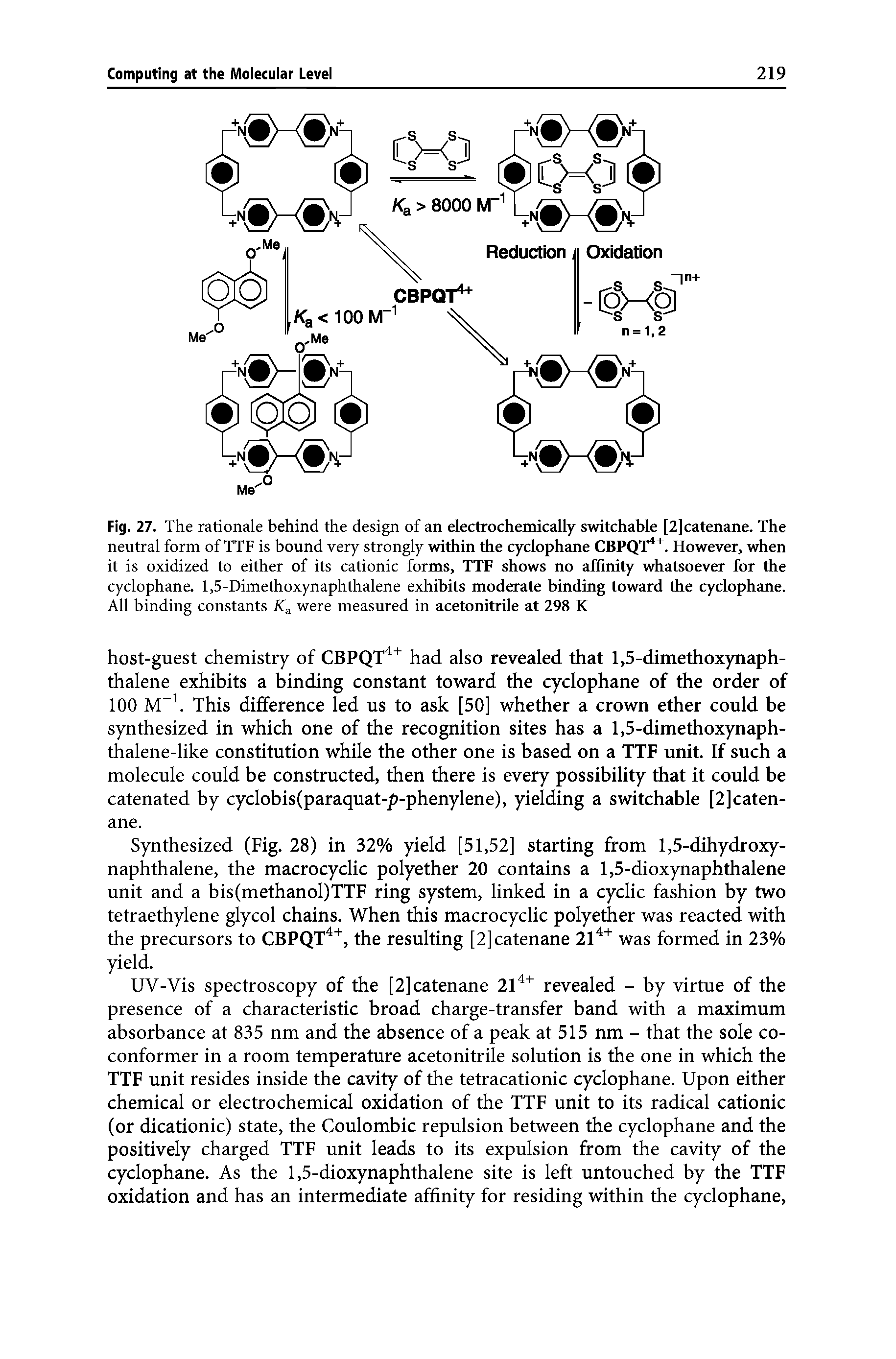 Fig. 27. The rationale behind the design of an electrochemically switchable [2]catenane. The neutral form of TTF is bound very strongly within the cyclophane CBPQT4+. However, when it is oxidized to either of its cationic forms, TTF shows no affinity whatsoever for the cyclophane. 1,5-Dimethoxynaphthalene exhibits moderate binding toward the cyclophane. All binding constants Ka were measured in acetonitrile at 298 K...