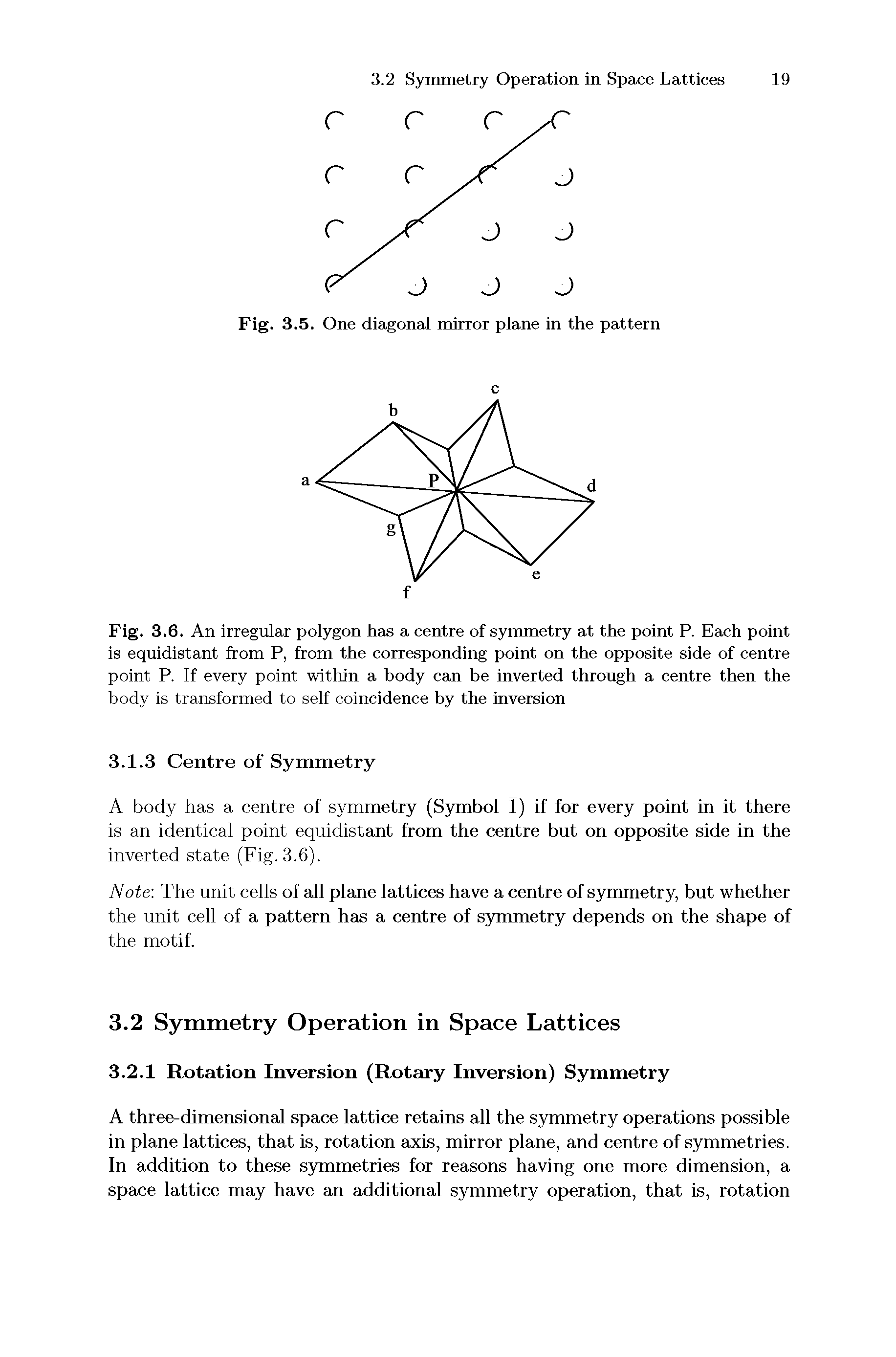 Fig. 3.6. An irregular polygon has a centre of symmetry at the point P. Each point is equidistant from P, from the corresponding point on the opposite side of centre point P. If every point within a body can be inverted through a centre then the body is transformed to self coincidence by the inversion...