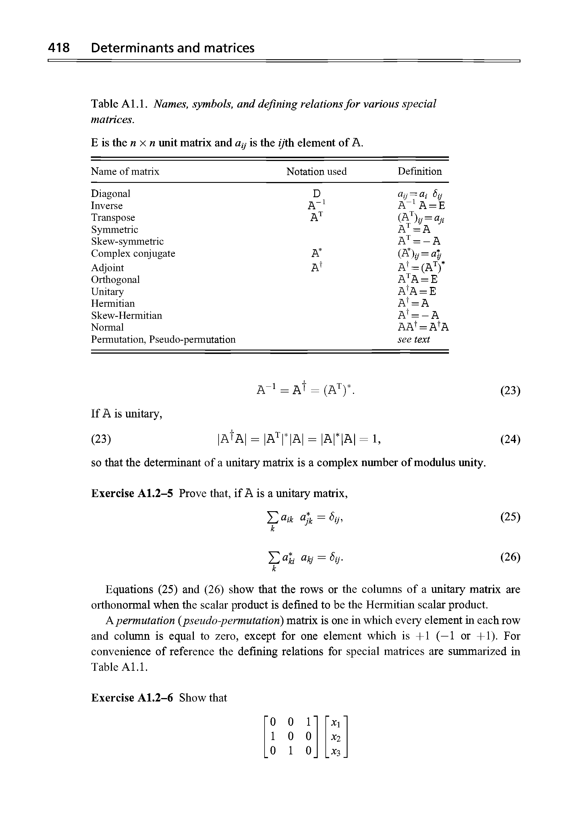 Table Al.l. Names, symbols, and defining relations for various special matrices.