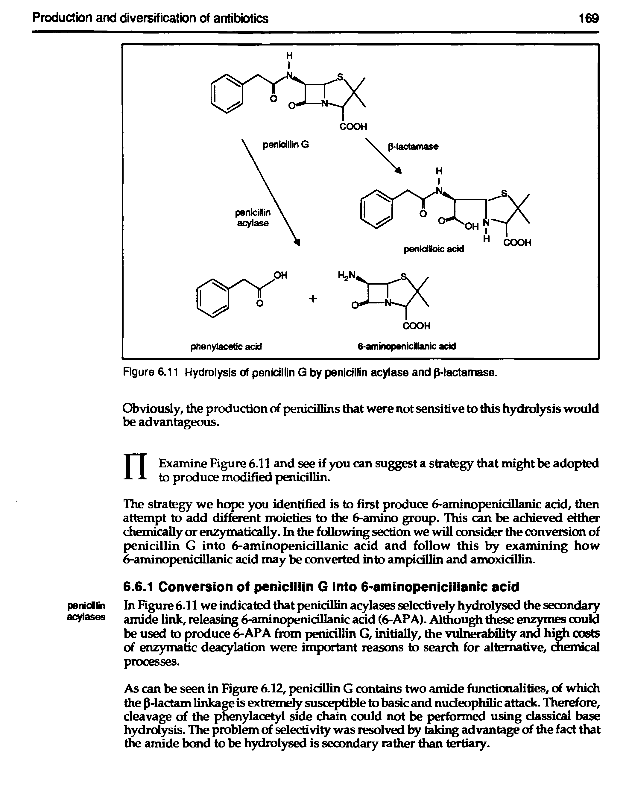 Figure 6.11 Hydrolysis of penicillin G by penicillin acylase and p-lactamase.