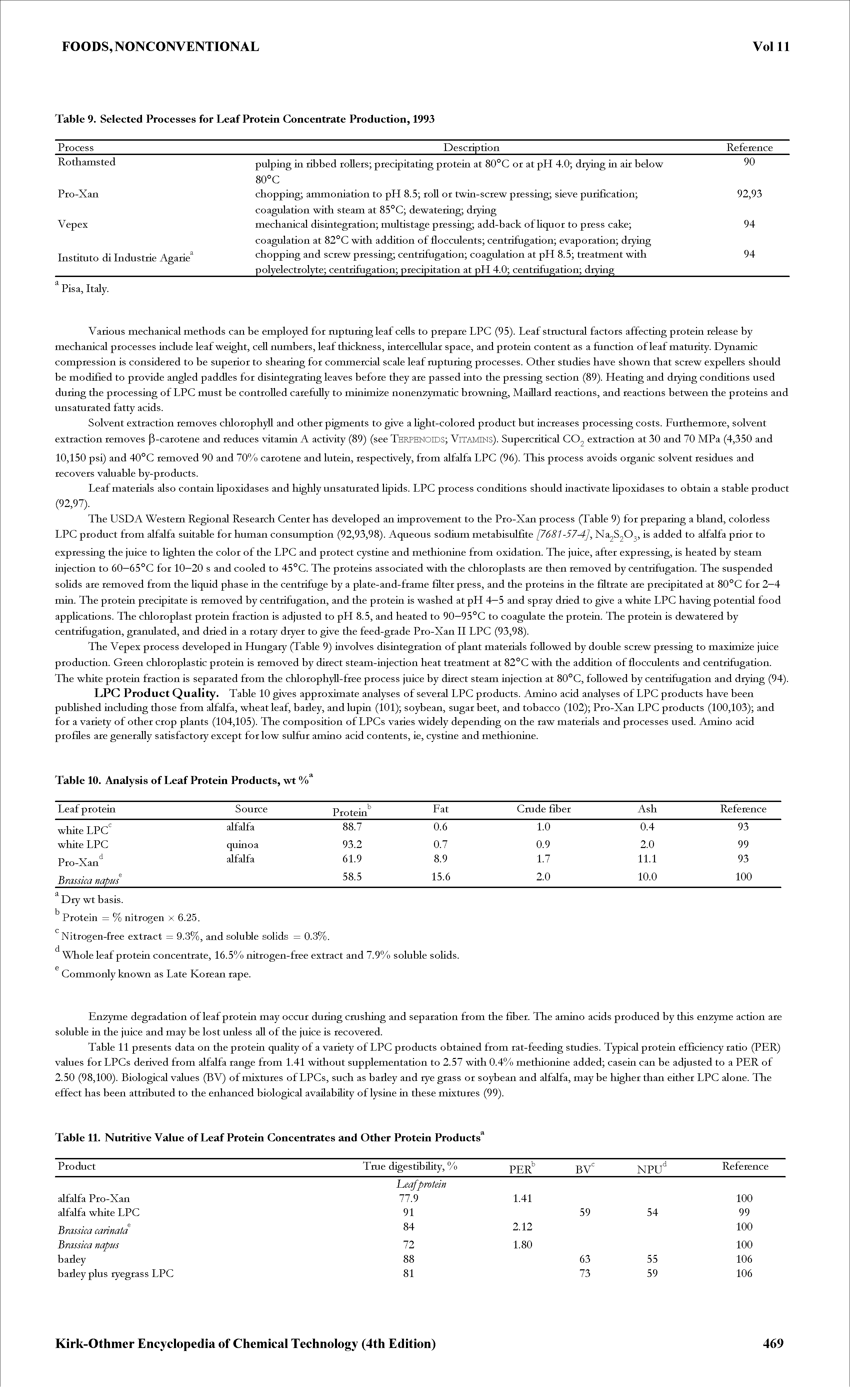 Table 9. Selected Processes for Leaf Protein Concentrate Production, 1993...