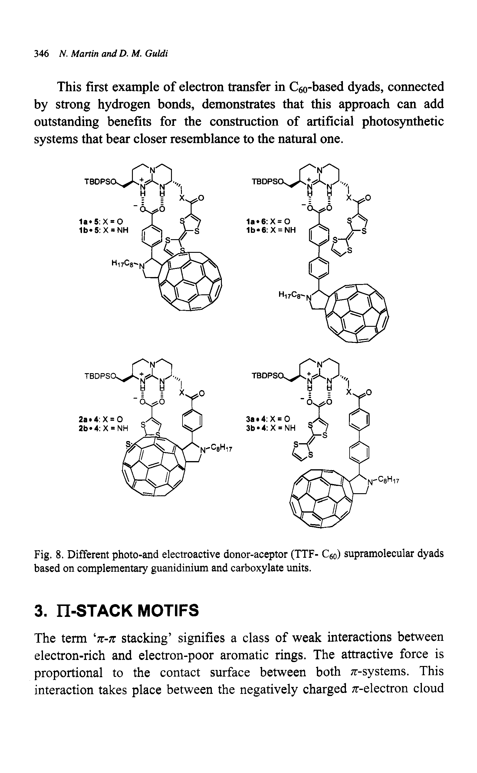 Fig. 8. Different photo-and electroactive donor-aceptor (TTF- Ceo) supramolecular dyads based on complementary guanidinium and carboxylate units.