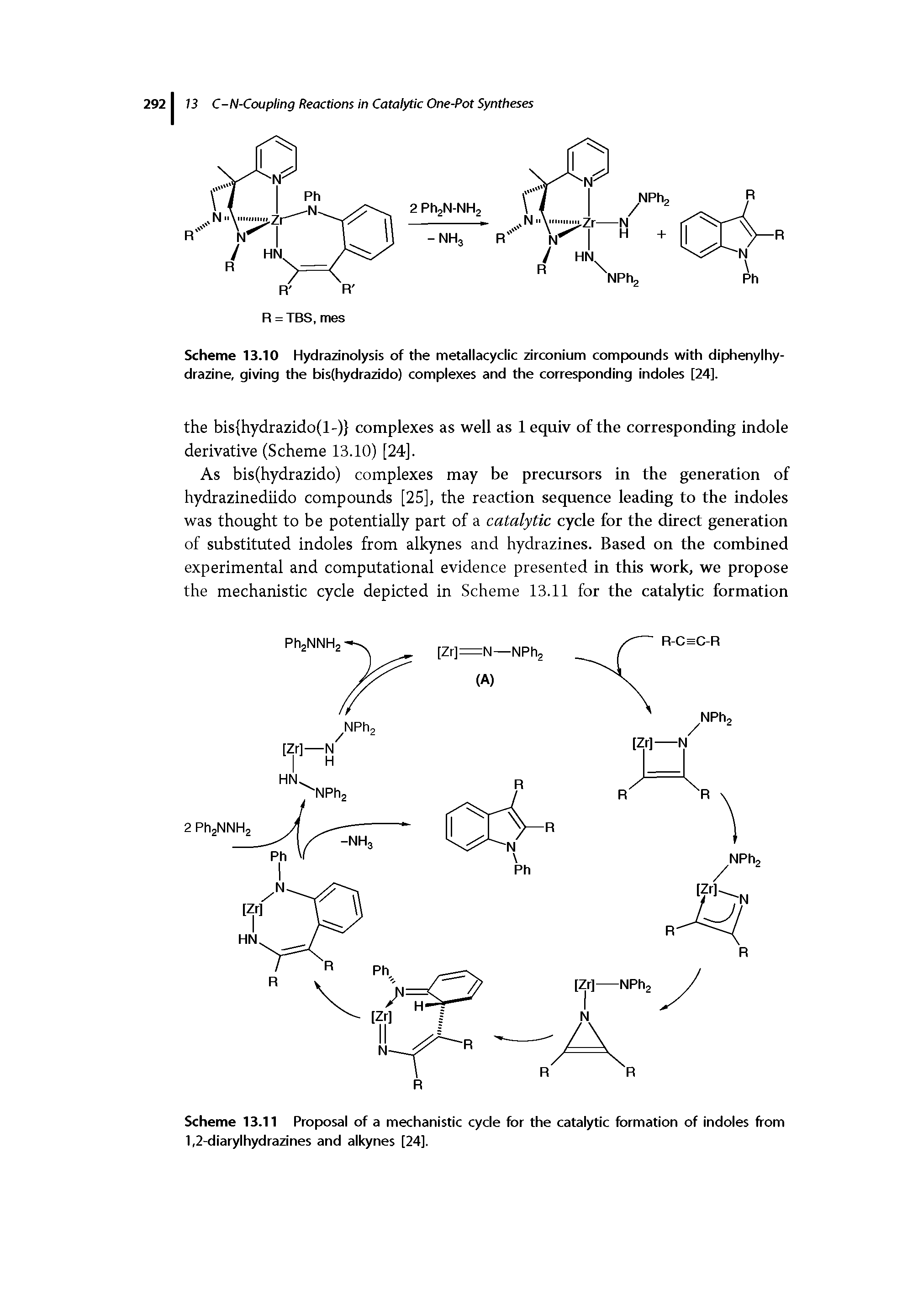 Scheme 13.10 Hydrazinolysis of the metallacyclic zirconium compounds with diphenylhy-drazine, giving the bis(hydrazido) complexes and the corresponding indoles [24].