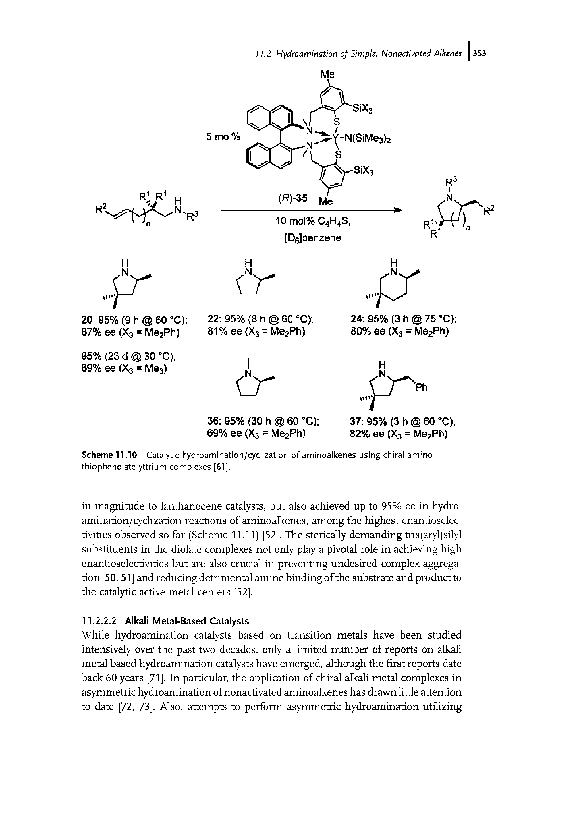 Scheme 11.10 Catalytic hydroamination/cyclization of aminoalkenes using chiral amino thiophenolate yttrium complexes [61].