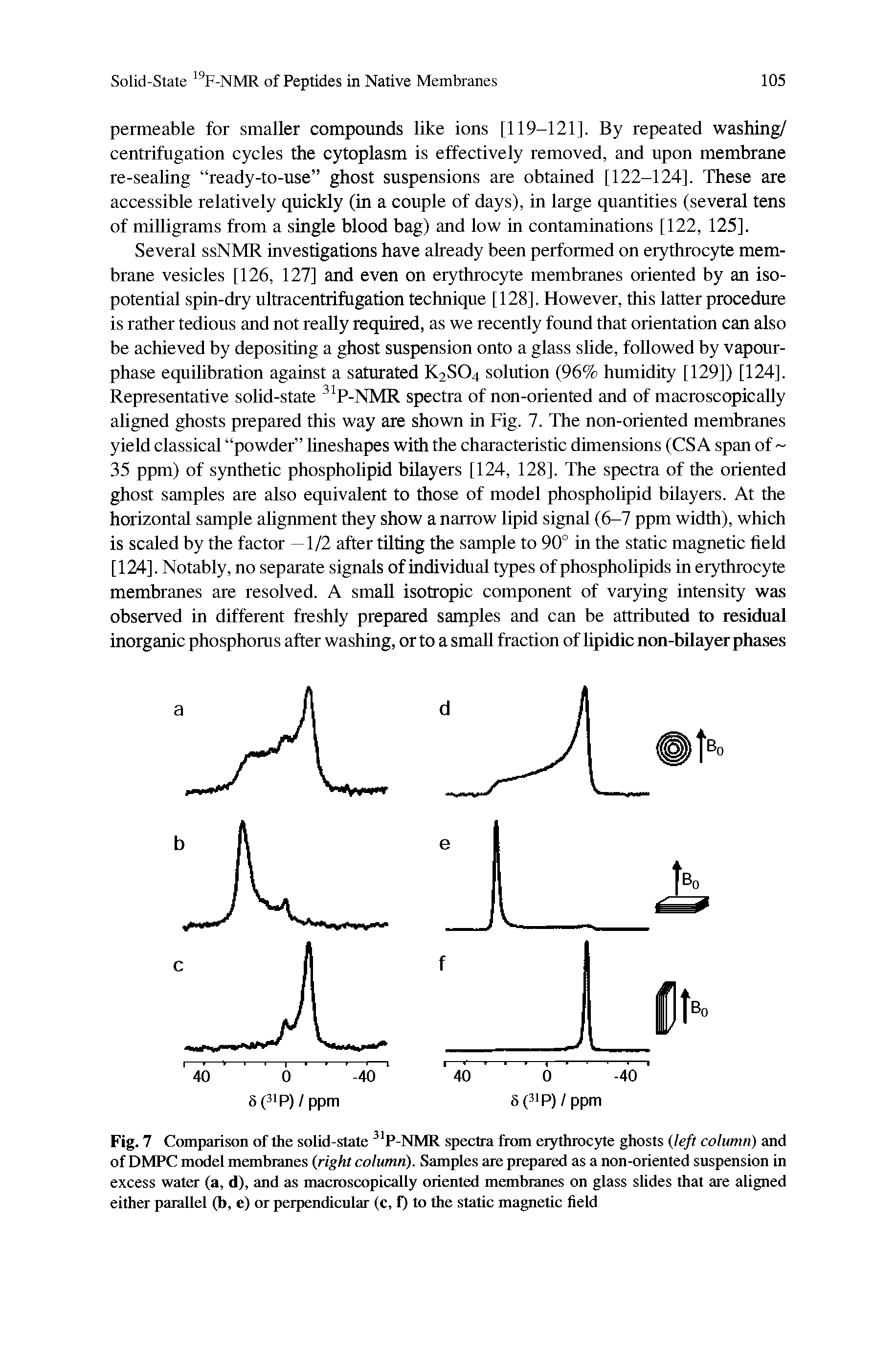 Fig. 7 Comparison of the solid-state 31P-NMR spectra from erythrocyte ghosts (left column) and of DMPC model membranes (right column). Samples are prepared as a non-oriented suspension in excess water (a, d), and as macroscopically oriented membranes on glass slides that are aligned either parallel (b, e) or perpendicular (c, f) to the static magnetic field...