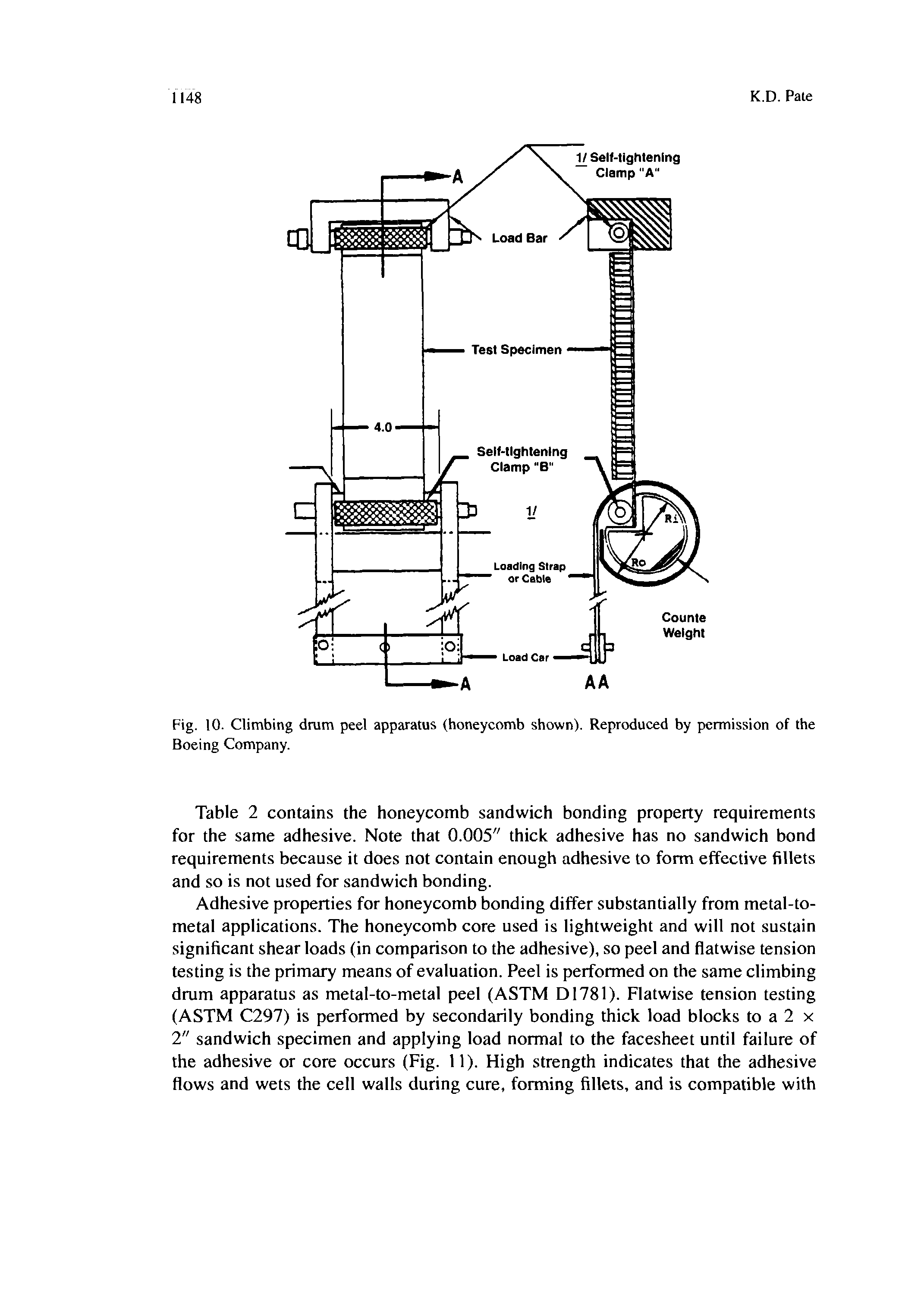 Fig. 10. Climbing drum peel apparatus (honeycomb shown). Reproduced by permission of the Boeing Company.
