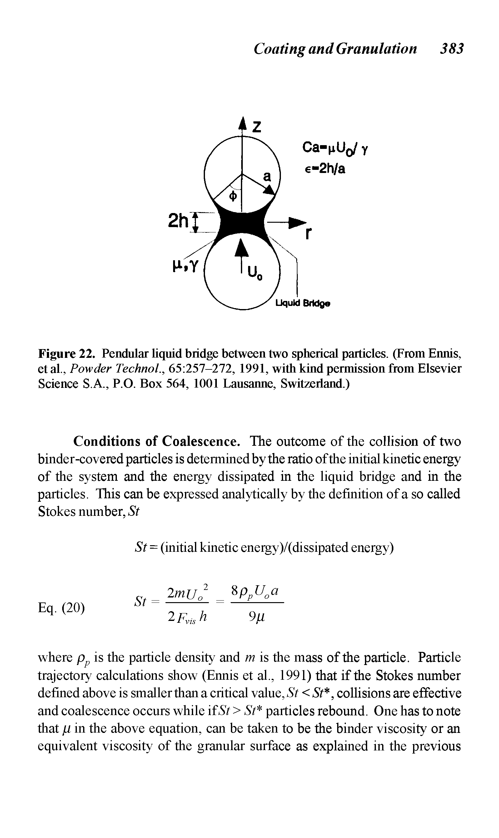 Figure 22. Pendular liquid bridge between two spherical particles. (From Ennis, etal., Powder Technol., 65 257-272, 1991, with kind permission from Elsevier Science S.A., P.O. Box 564, 1001 Lausanne, Switzerland.)...