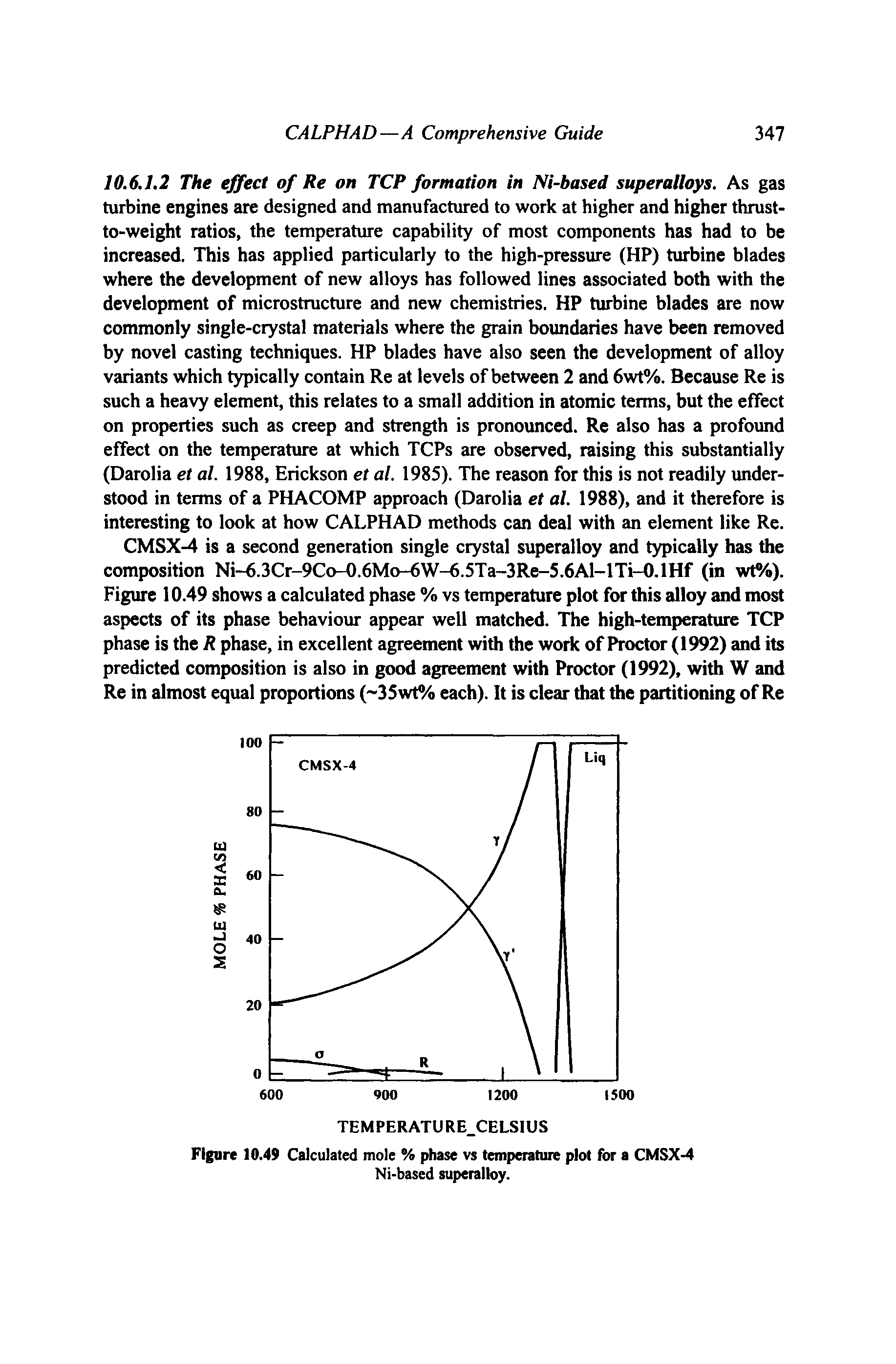 Figure 10.49 Calculated mole % phase vs temperature plot for a CMSX-4 Ni-based superalloy.