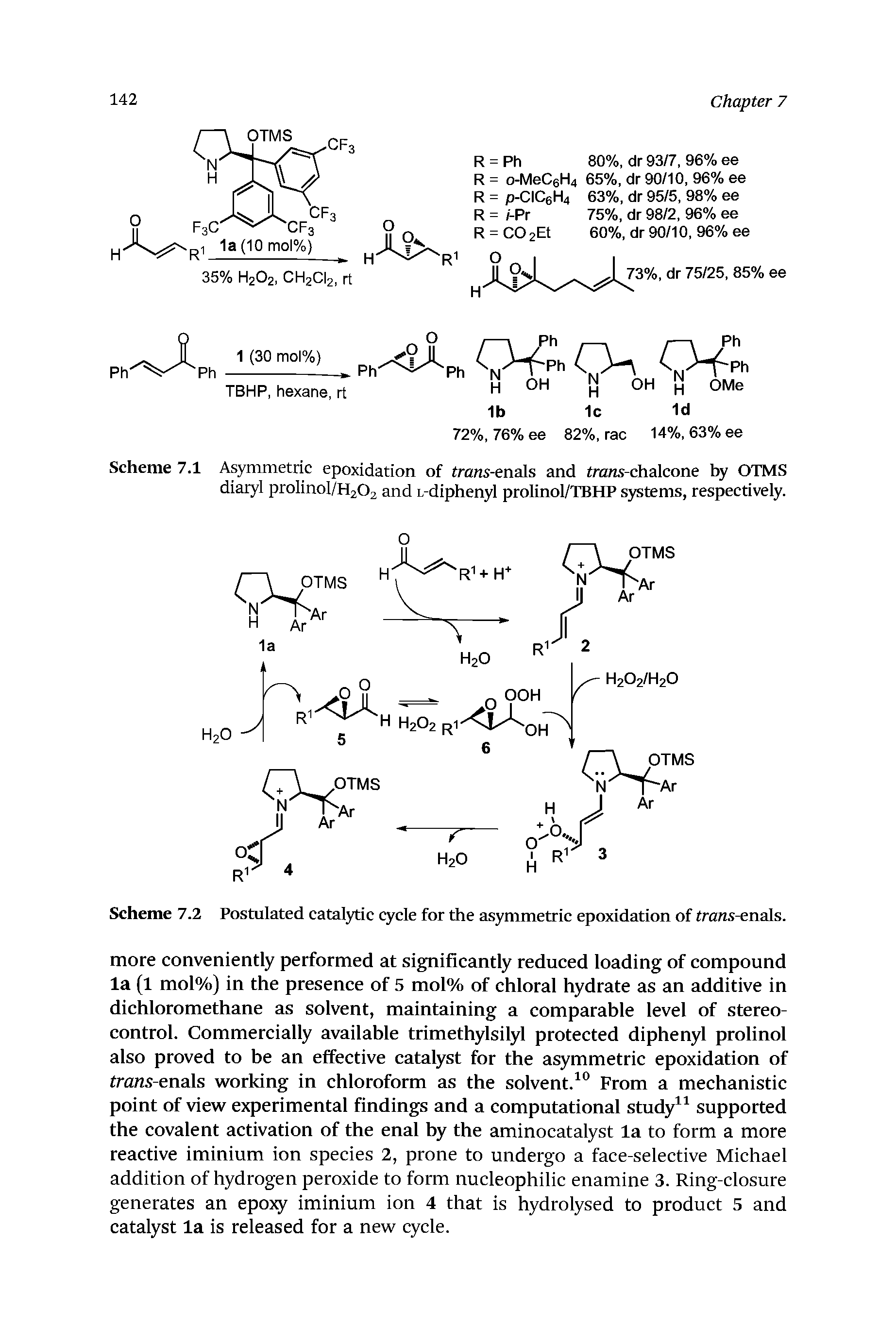 Scheme 7.1 Asymmetric epoxidation of tra/rs-enals and frans-chalcone by OTMS diaryl prolinol/H202 and r-diphenyl prolinol/TBHP s tems, respectively.