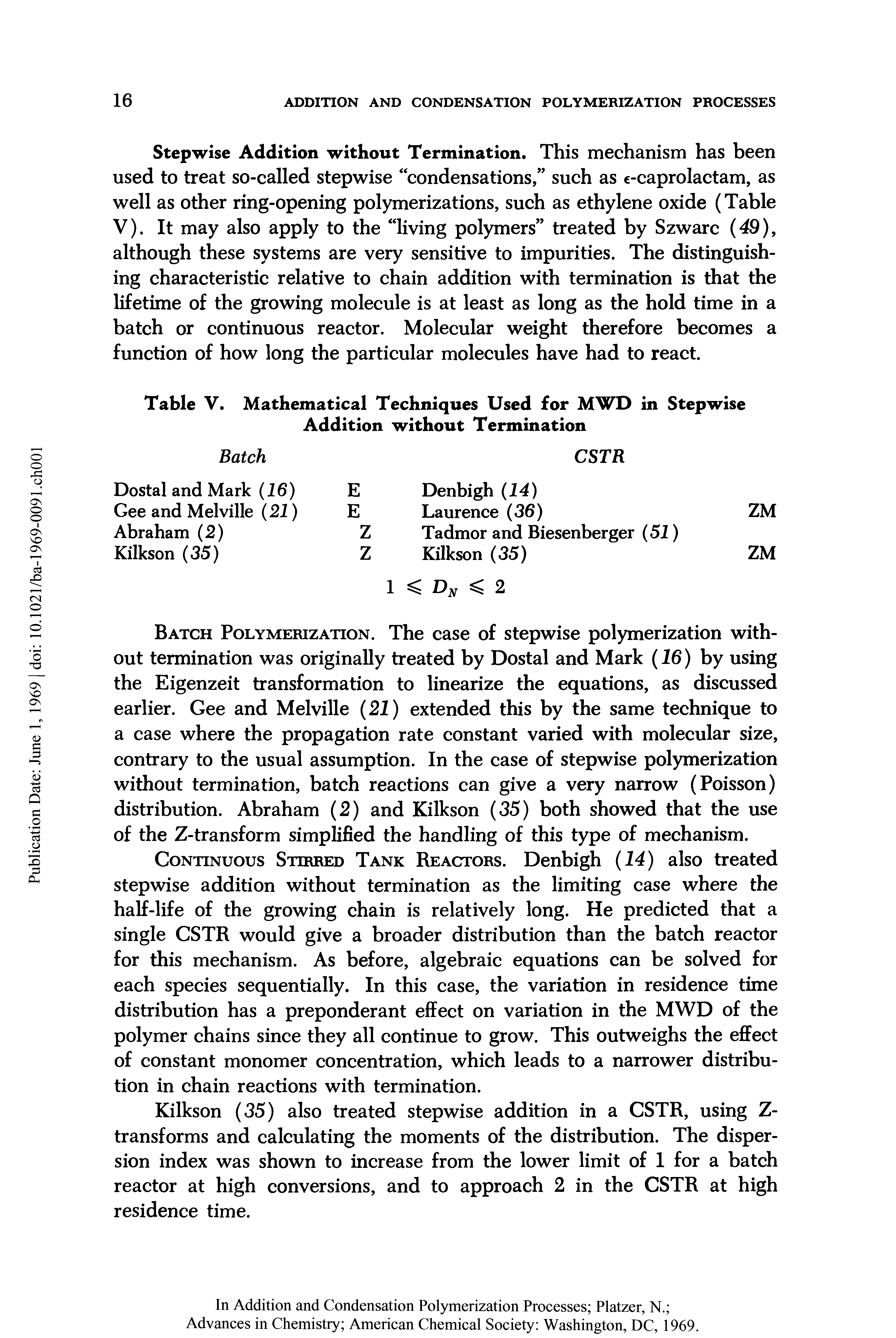 Table V. Mathematical Techniques Used for MWD in Stepwise Addition without Termination...