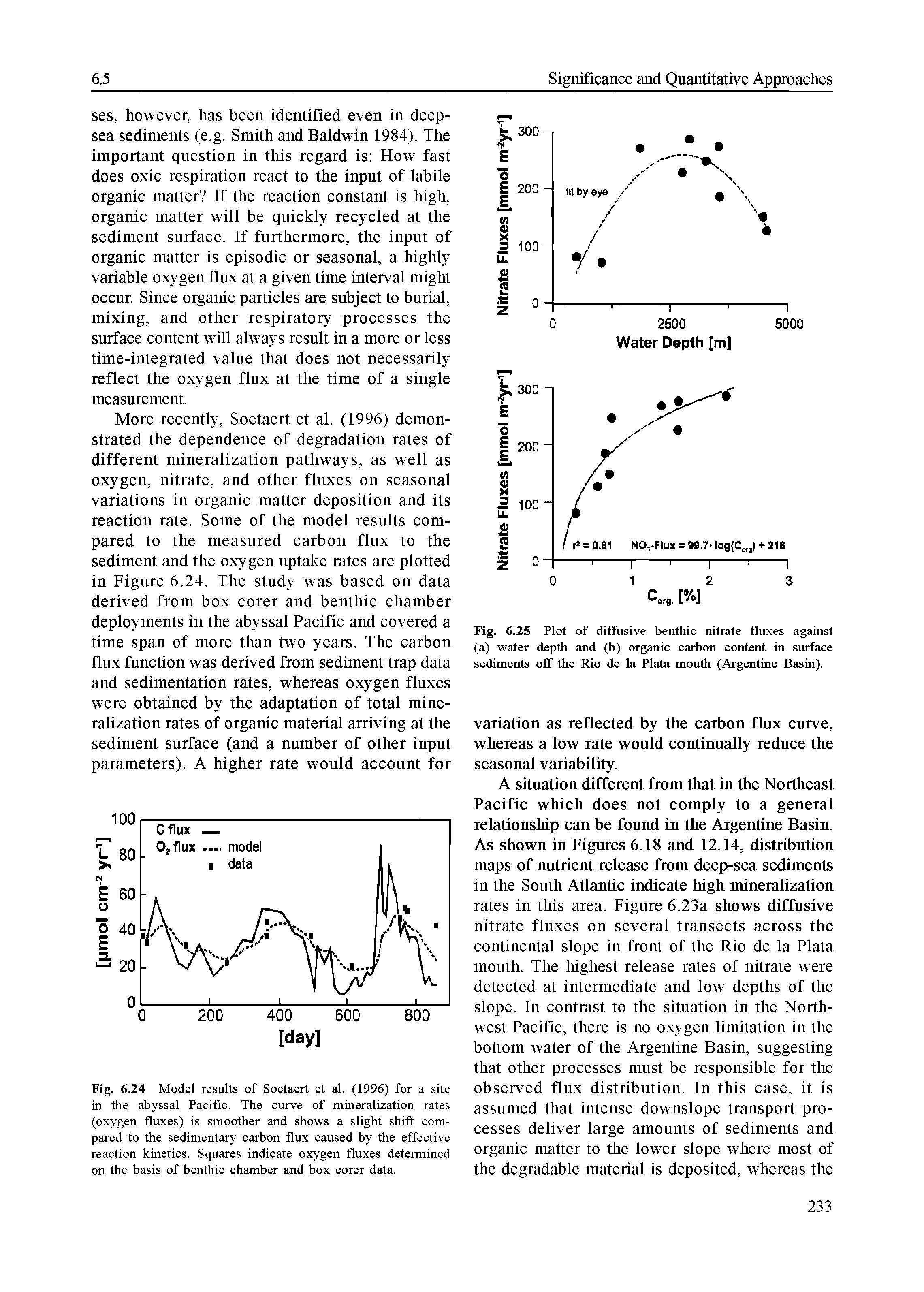 Fig. 6.24 Model results of Soetaert et al. (1996) for a site in the abyssal Pacific. The curve of mineralization rates (oxygen fluxes) is smoother and shows a slight shift compared to the sedimentary carbon flux caused by the effective reaction kinetics. Squares indicate oxygen fluxes determined on the basis of benthic chamber and box corer data.