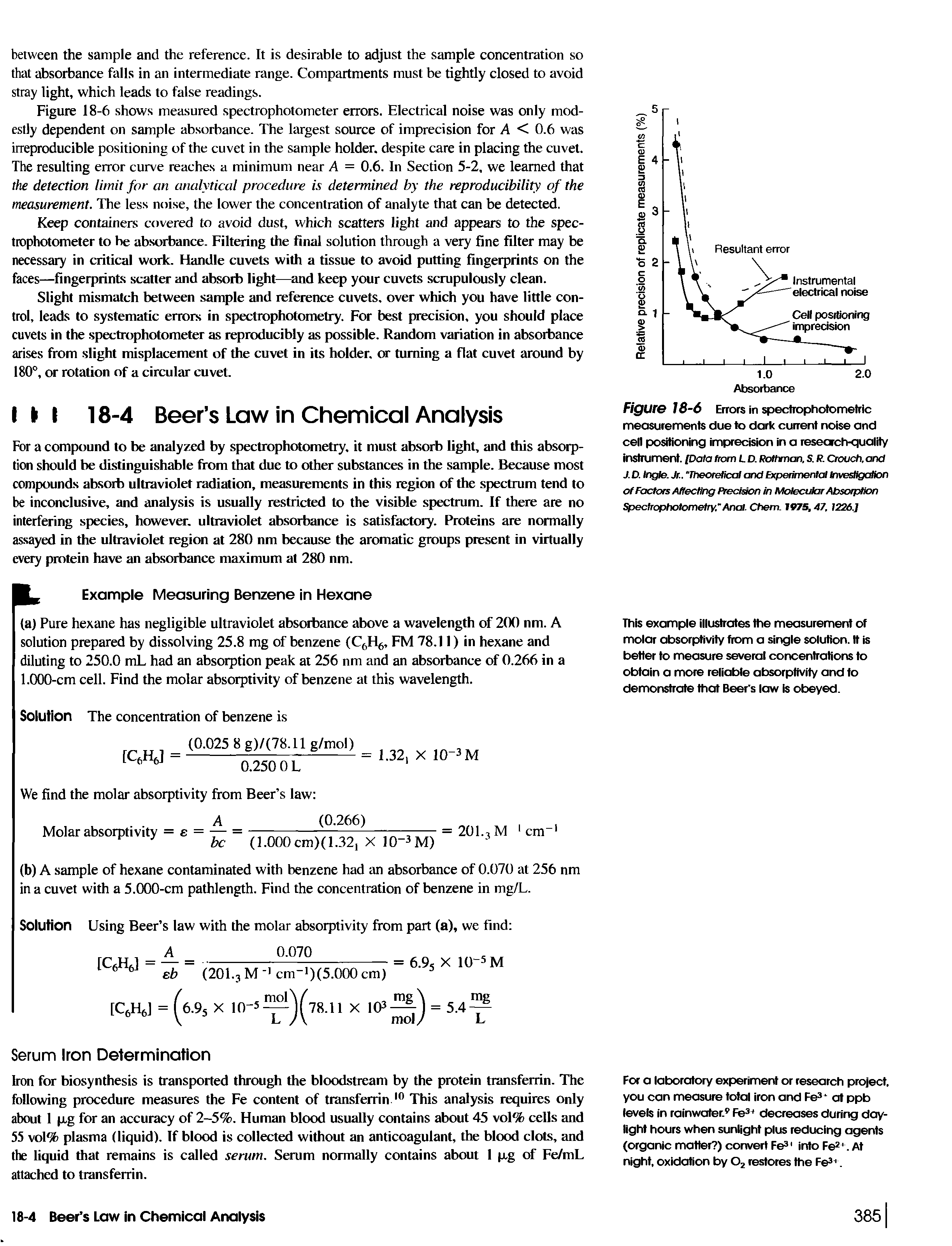Figure 18-6 Errors in spectrophotomefric measurements due to dark current noise and cell positioning imprecision in a research-quality instrument. [Data from L D. Rothman. S. R. Crouch, and J. D. Ingle. Jr.."theoretical and Experimental Investigation of Factors Affecting Precision in Molecular Absorption Spectrophotometry." Anal. Chem. 1975,47, 1226.]...