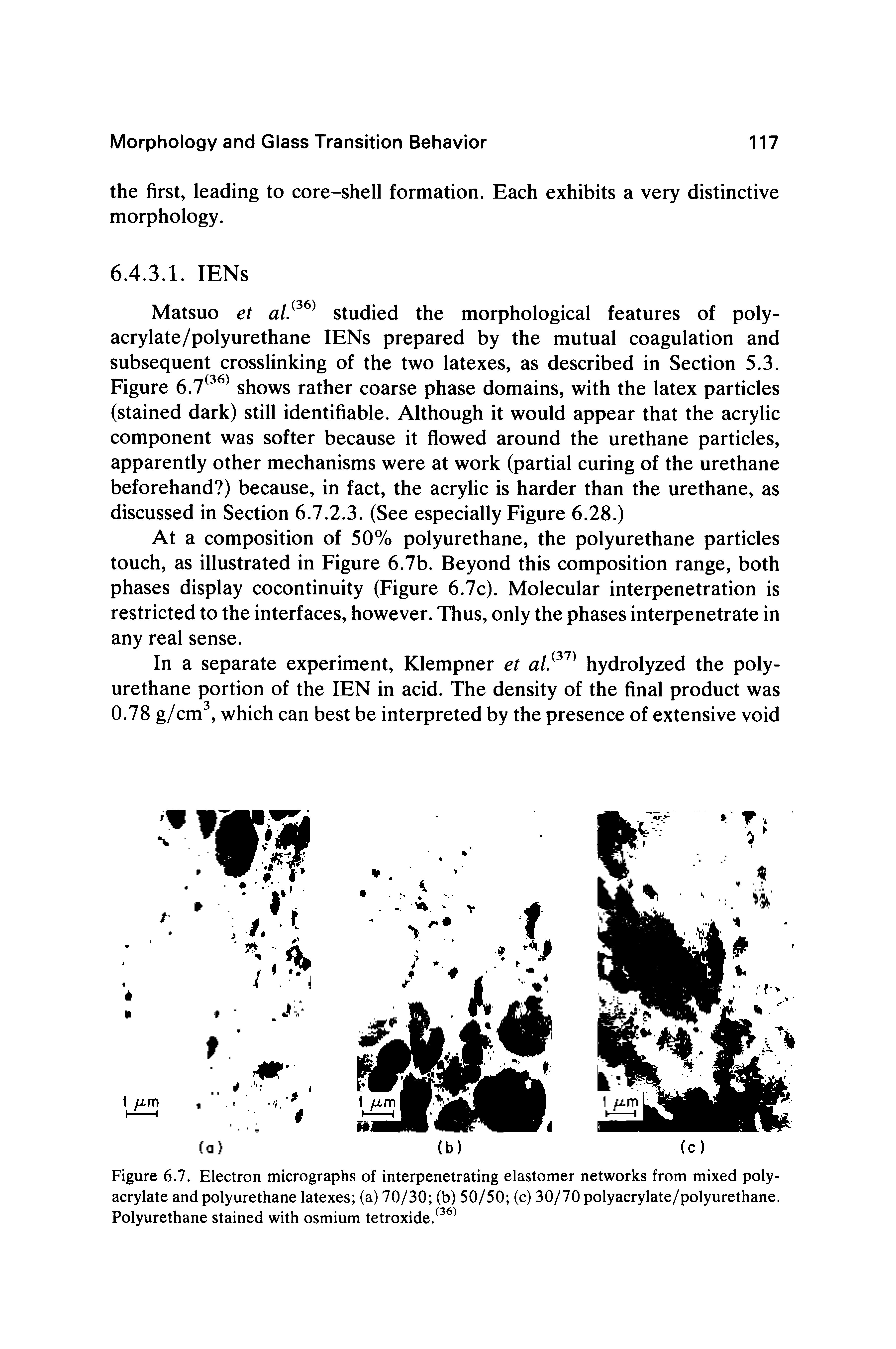 Figure 6.7. Electron micrographs of interpenetrating elastomer networks from mixed polyacrylate and polyurethane latexes (a) 70/30 (b) 50/50 (c) 30/70 polyacrylate/polyurethane. Polyurethane stained with osmium tetroxide. ...