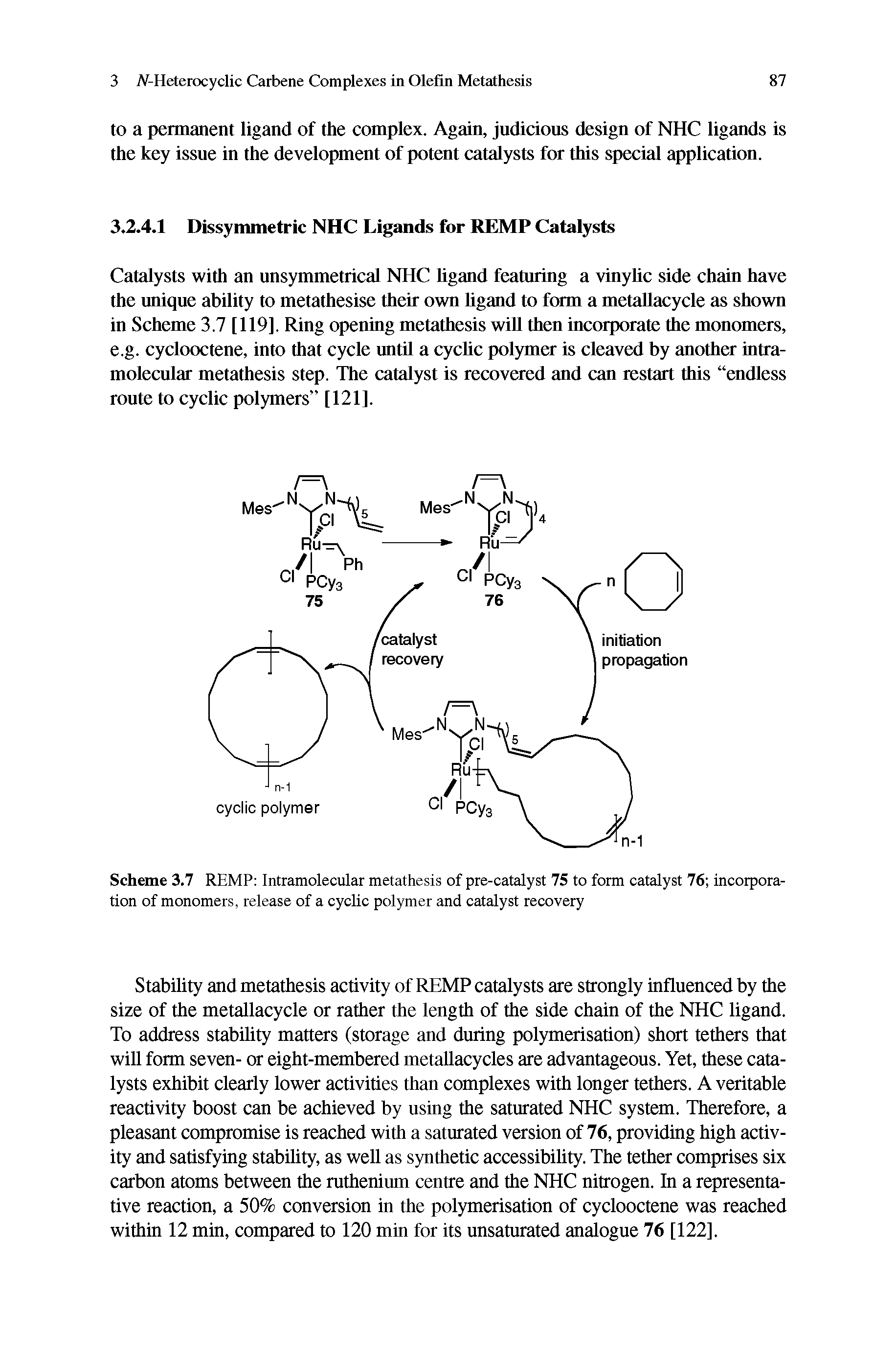 Scheme 3.7 REMP Intramolecular metathesis of pre-catalyst 75 to form catalyst 76 incorporation of monomers, release of a cyclic polymer and catalyst recovery...