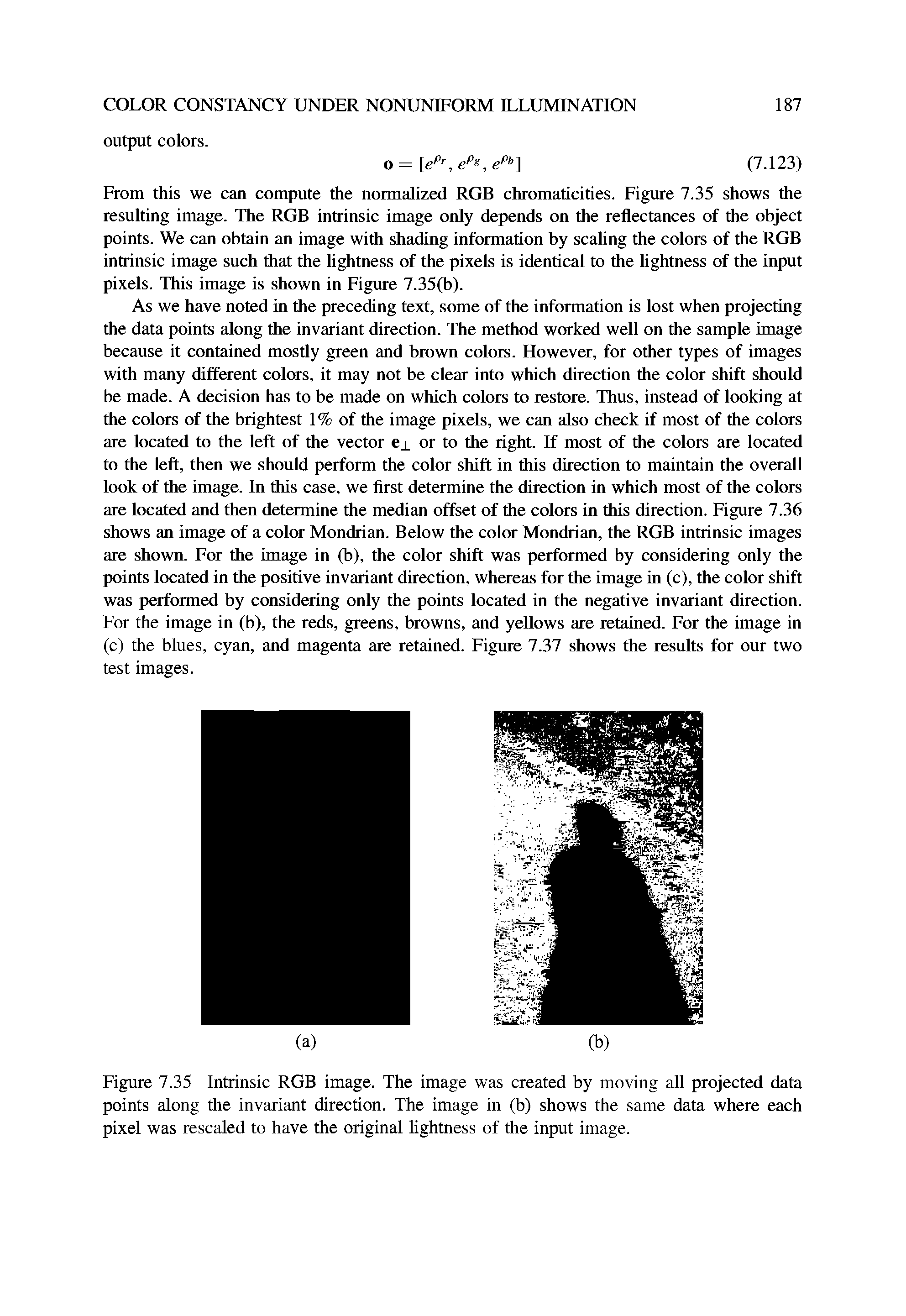 Figure 7.35 Intrinsic RGB image. The image was created by moving all projected data points along the invariant direction. The image in (b) shows the same data where each pixel was rescaled to have the original lightness of the input image.