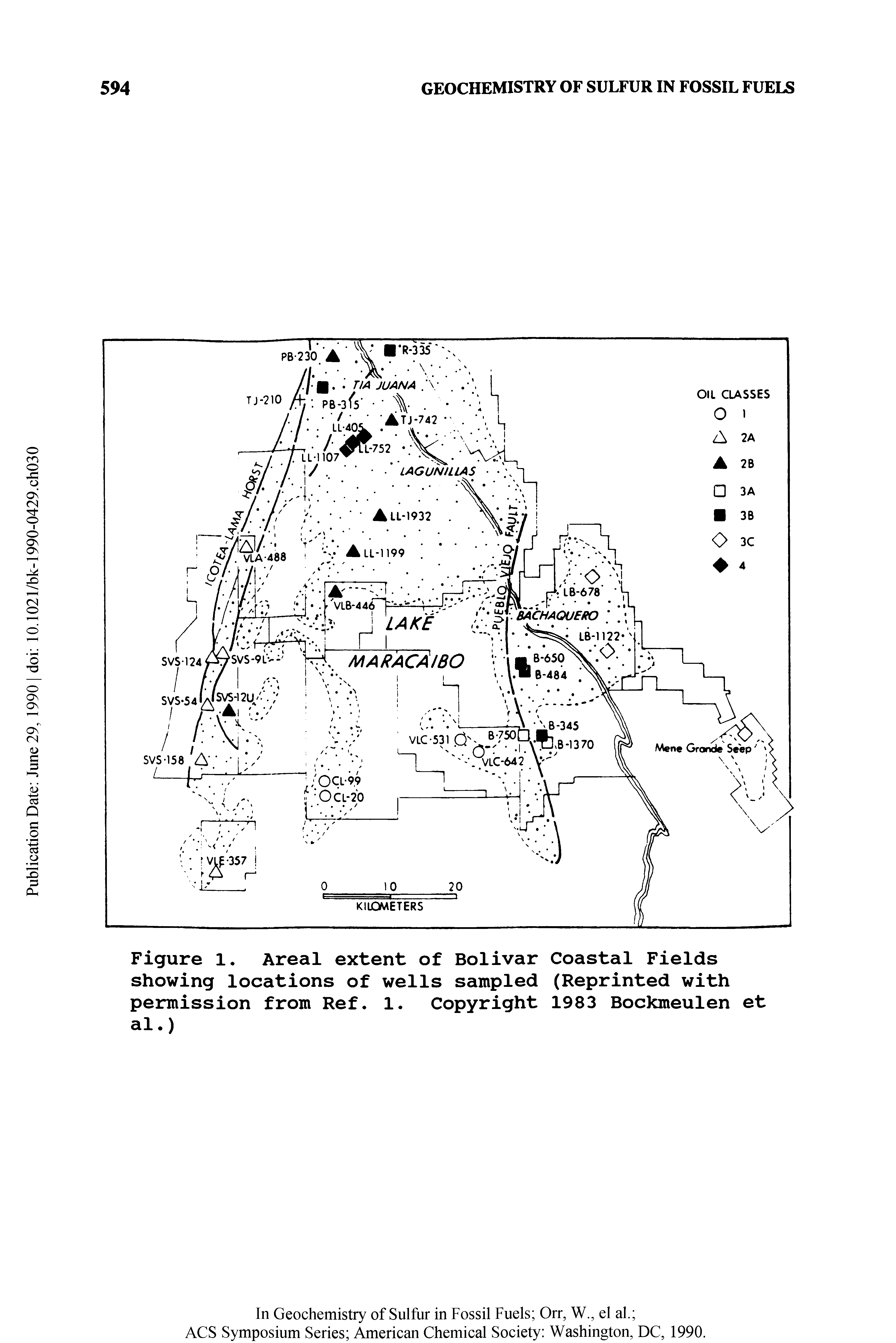 Figure 1. Areal extent of Bolivar Coastal Fields showing locations of wells sampled (Reprinted with permission from Ref, 1. Copyright 1983 Bockmeulen et al.)...