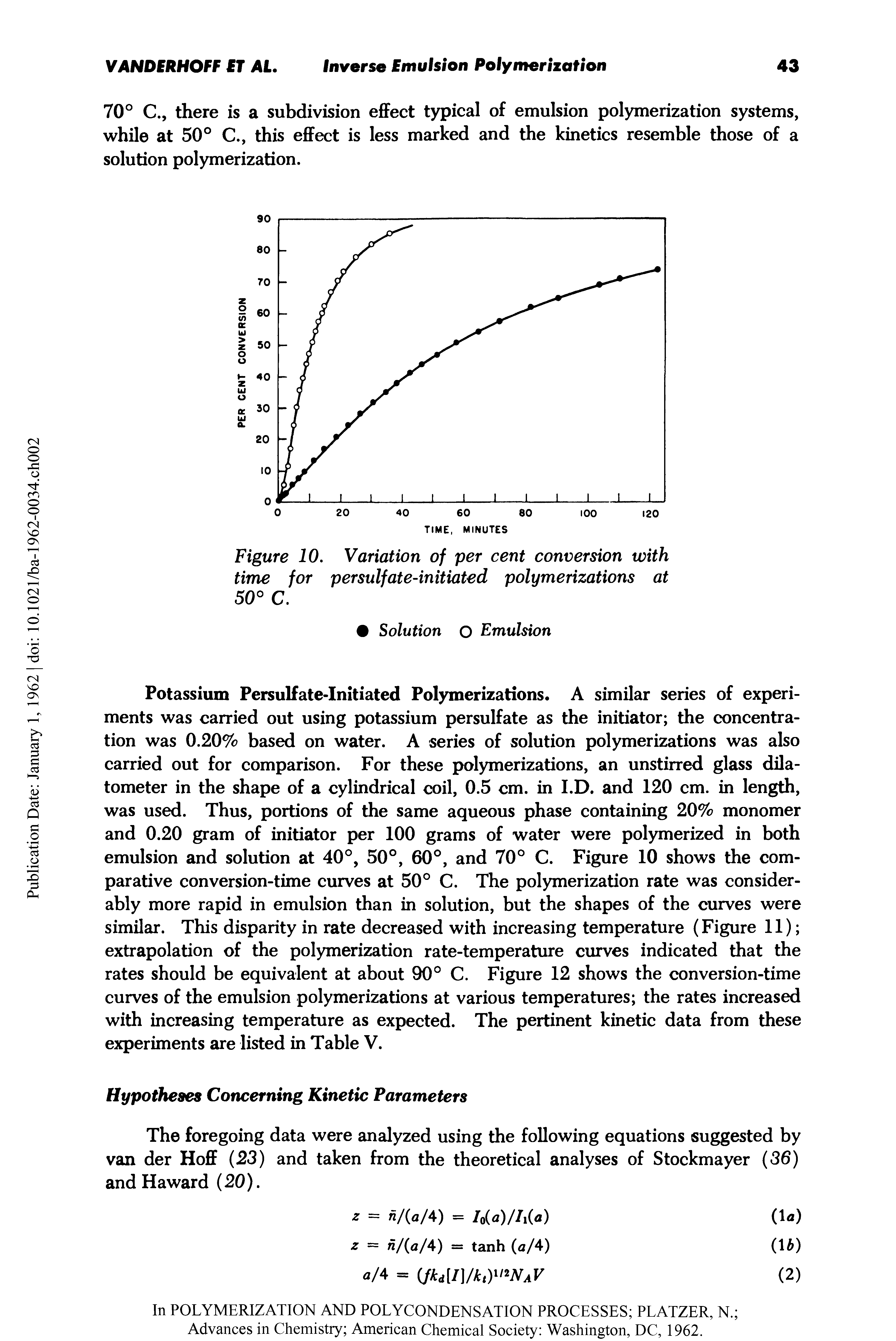 Figure 10. Variation of per cent conversion with time for persulfate-initiated polymerizations at 50° C.