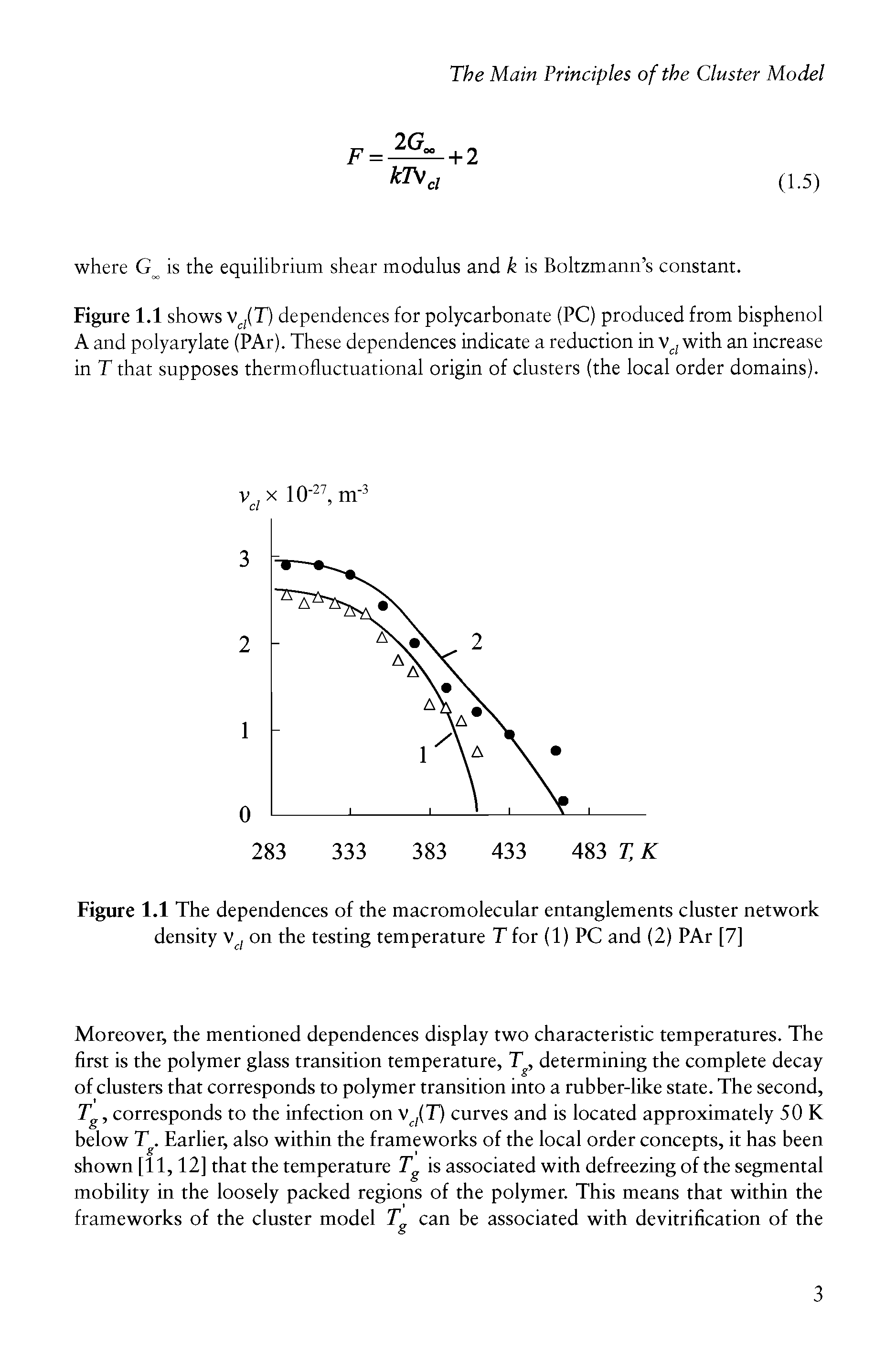 Figure 1.1 The dependences of the macromolecular entanglements cluster network density on the testing temperature T for (1) PC and (2) PAr [7]...