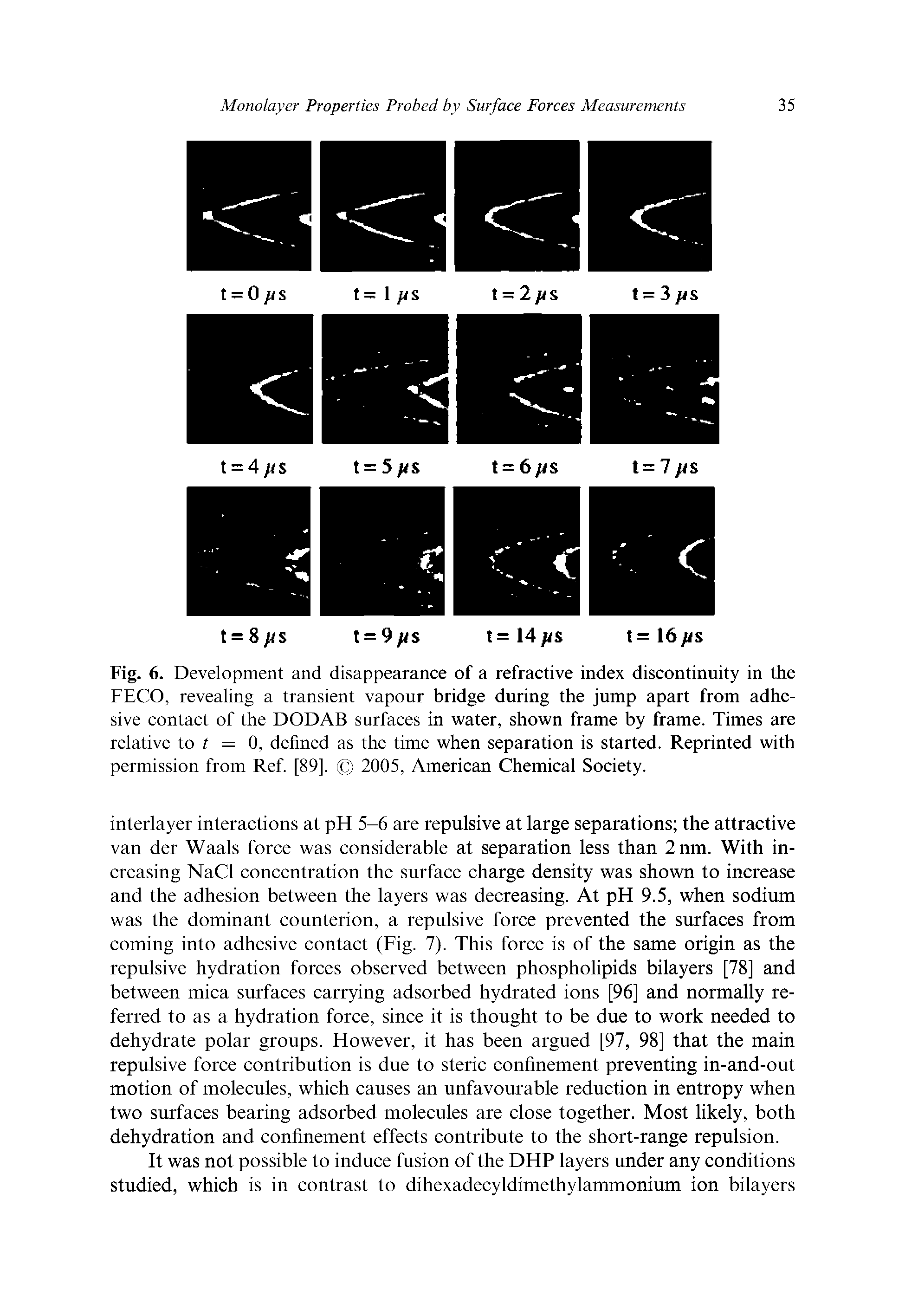 Fig. 6. Development and disappearance of a refractive index discontinuity in the FECO, revealing a transient vapour bridge during the jump apart from adhesive contact of the DODAB surfaces in water, shown frame by frame. Times are relative to t — 0, defined as the time when separation is started. Reprinted with permission from Ref. [89]. 2005, American Chemical Society.