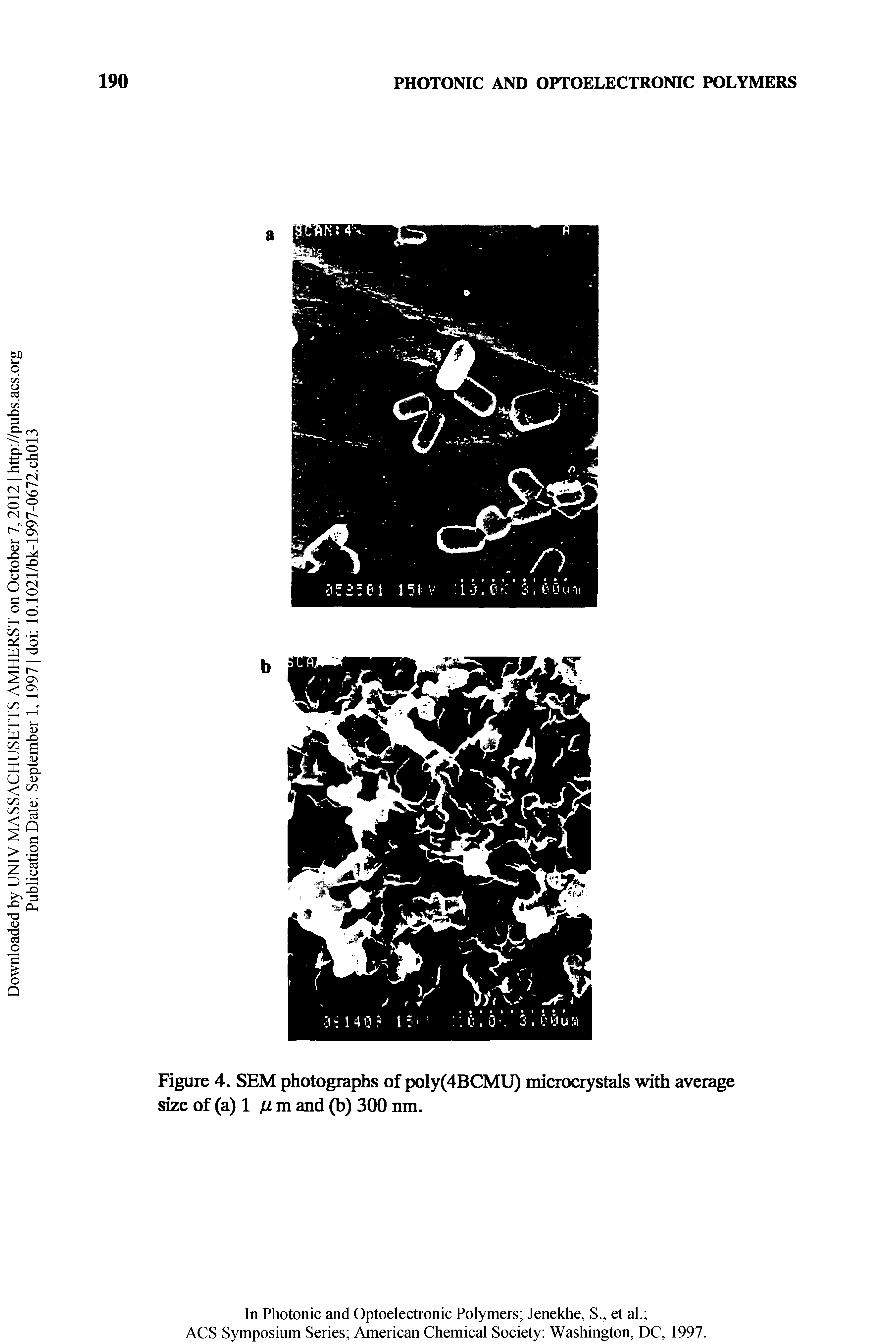 Figure 4. SEM photographs of poly(4BCMU) microcrystals with average size of (a) 1 fim. and (b) 300 nm.