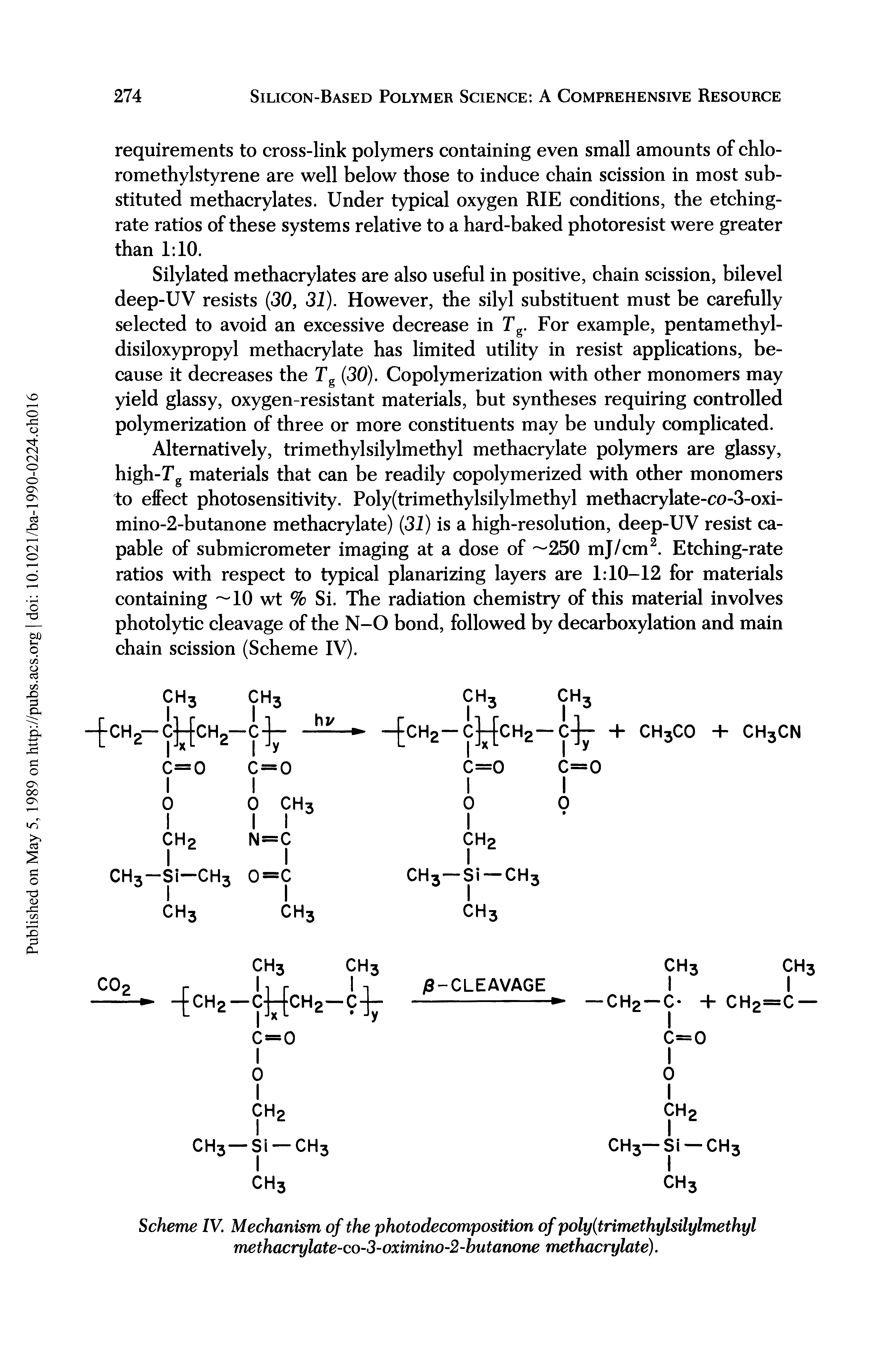 Scheme IV. Mechanism of the photodecomposition of poly(trimethylsilylmethyl methacrylate-co-3-oximino-2-butanone methacrylate).