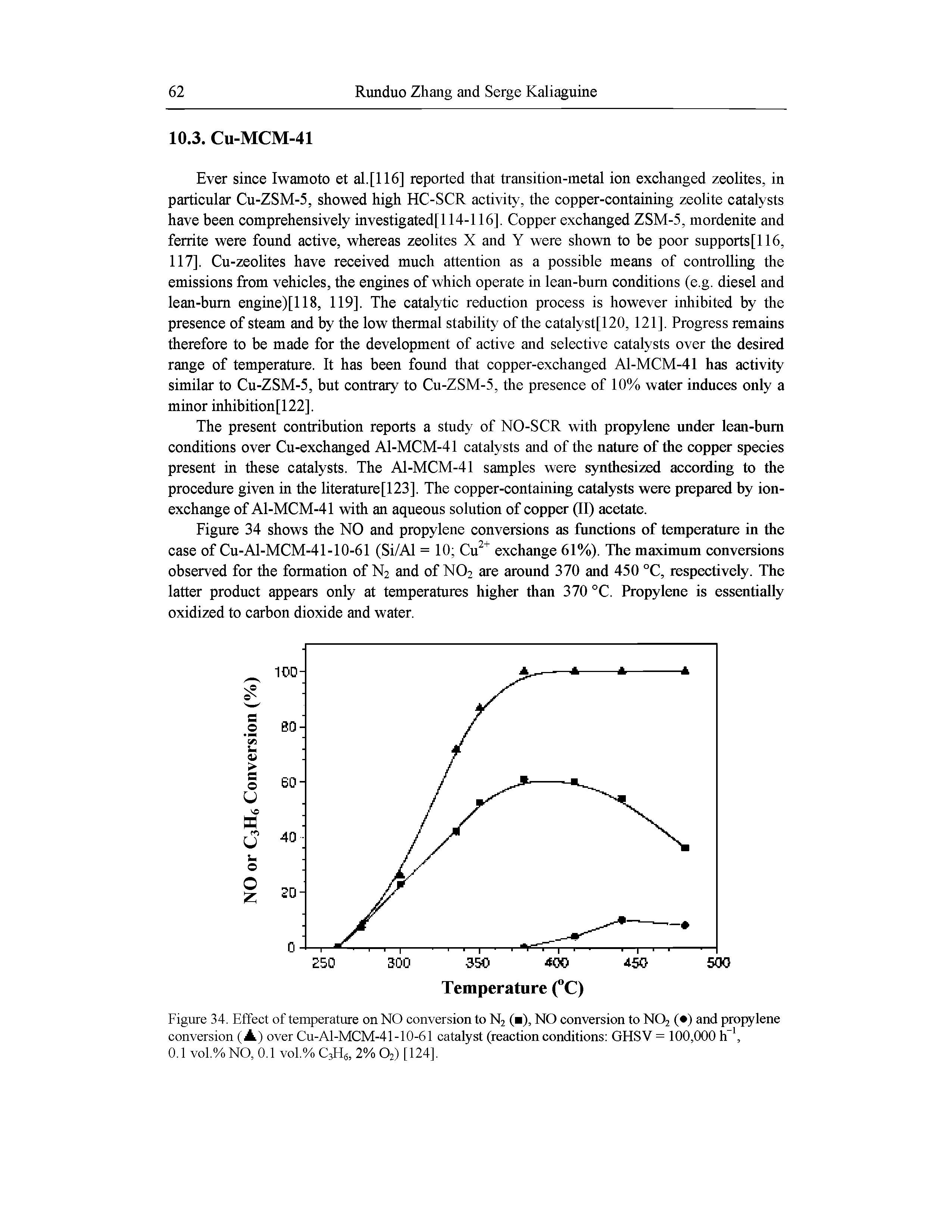 Figure 34. Effect of temperature on NO conversion to N2 ( ), NO conversion to NO2 ( ) and propylene conversion (A) over Cu-Al-MCM-41-10-61 catalyst (reaction conditions GHSV = 100,000 h, ...