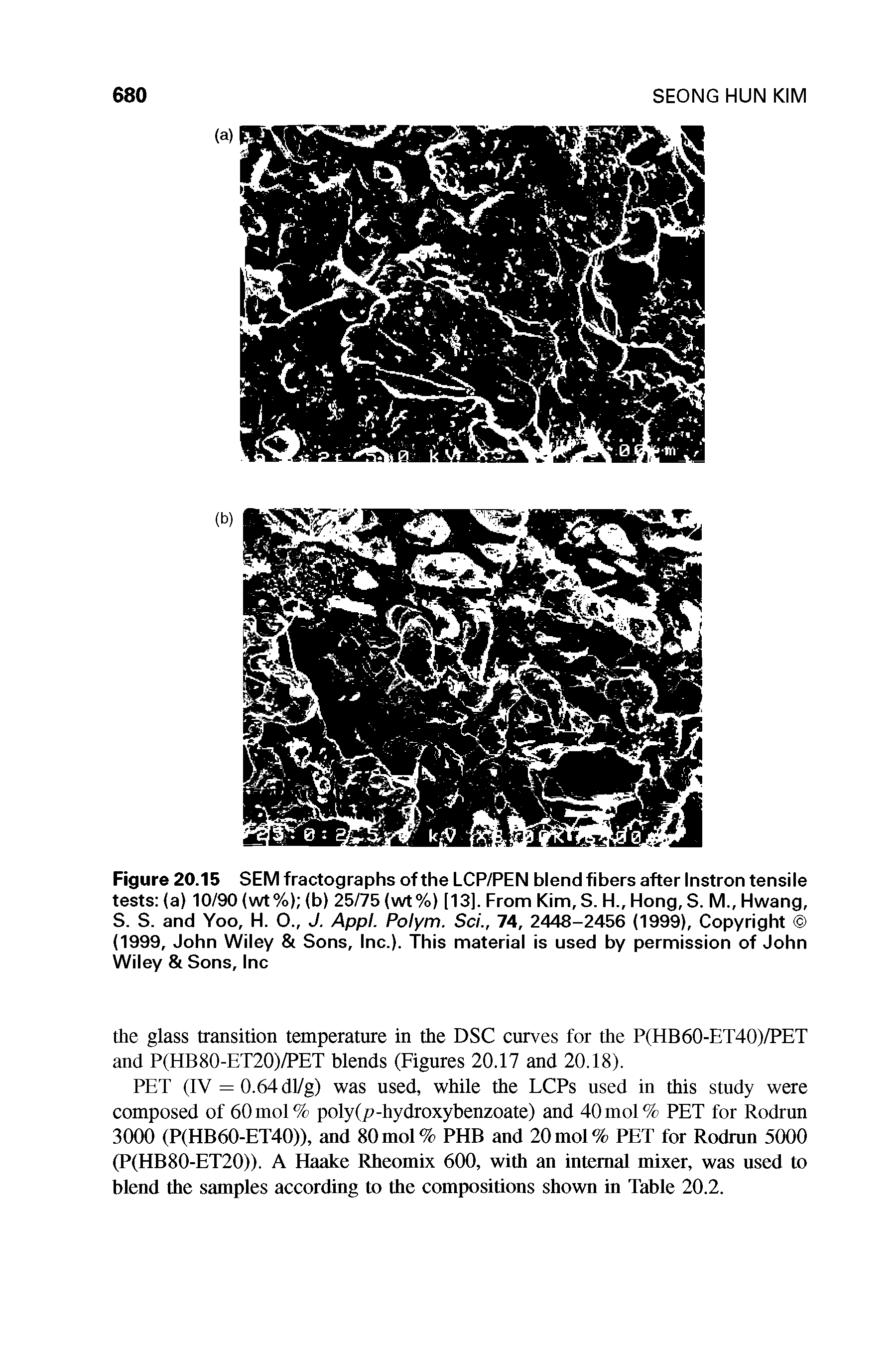 Figure 20.15 SEM fractographs of the LCP/PEN blend fibers after Instron tensile tests (a) 10/90 (wt%) (b) 25/75 (wt%) [13]. From Kim, S. H., Hong, S. M., Hwang, S. S. and Yoo, H. O., J. Appl. Polym. Sci., 74, 2448-2456 (1999), Copyright (1999, John Wiley Sons, Inc.). This material is used by permission of John Wiley Sons, Inc...
