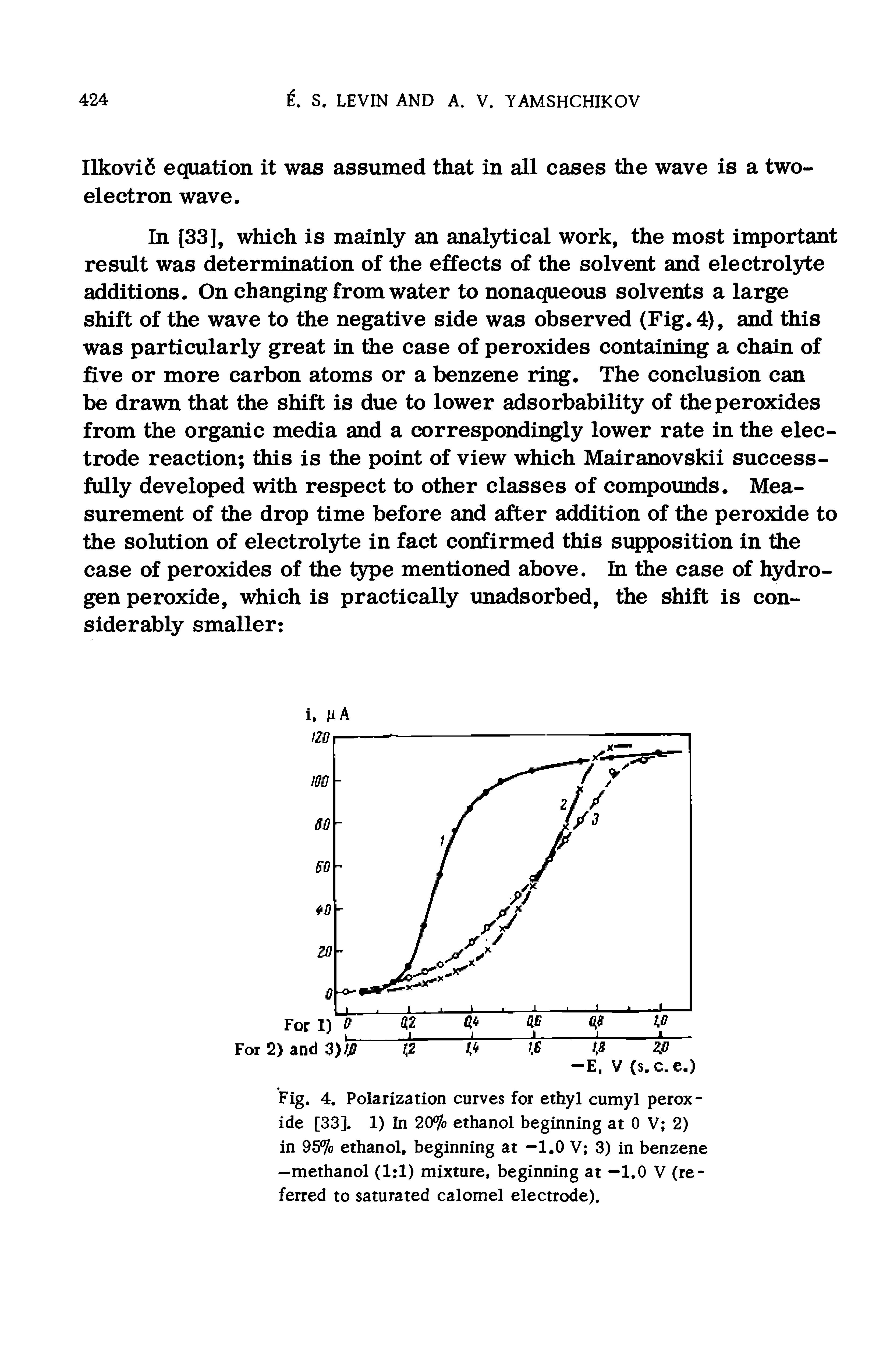 Fig. 4. Polarization curves for ethyl cumyl peroxide [33], 1) In 20% ethanol beginning at 0 V 2) in 95% ethanol, beginning at -1.0 V 3) in benzene -methanol (1 1) mixture, beginning at —1.0 V (referred to saturated calomel electrode).
