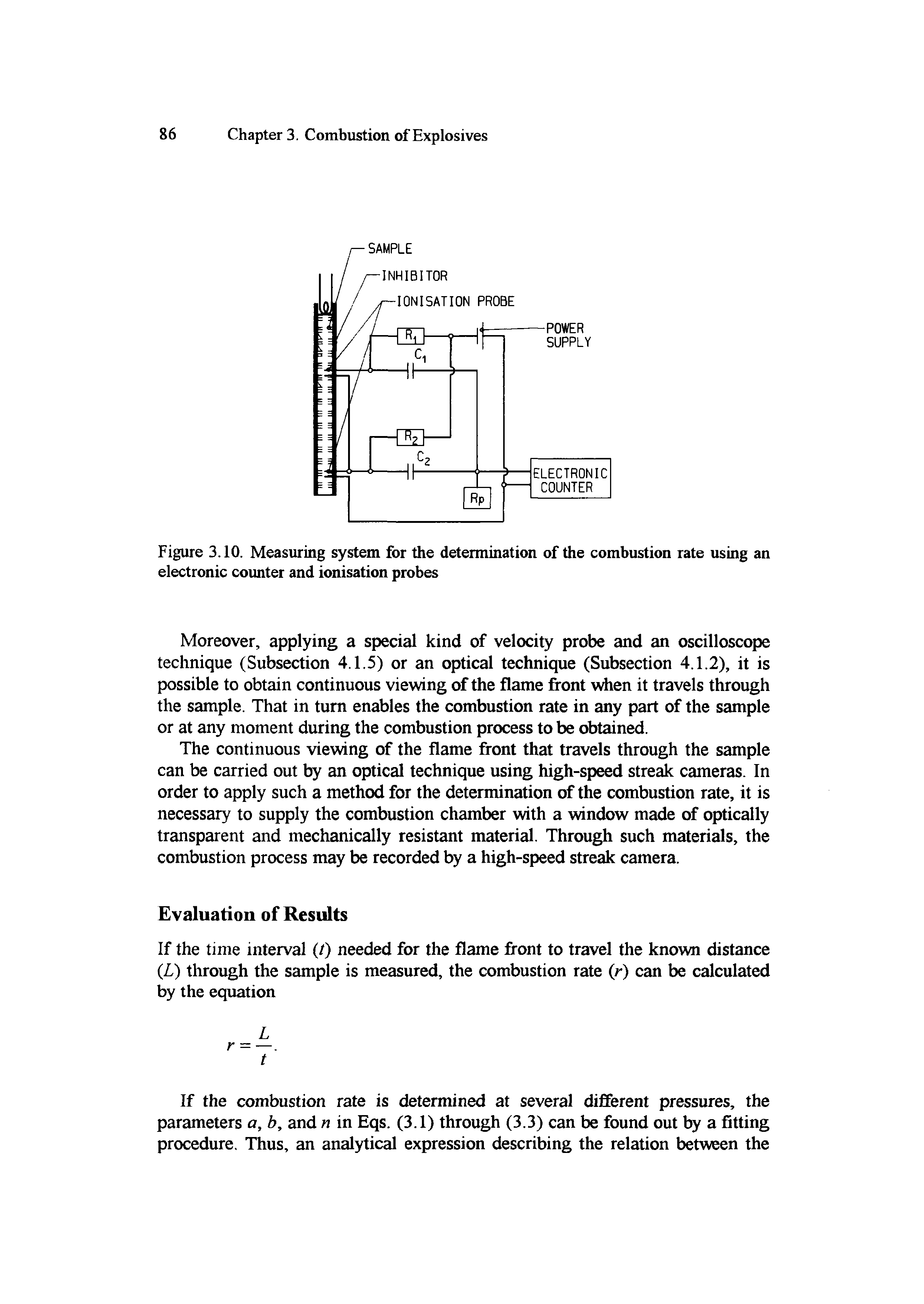 Figure 3.10. Measuring system for the determination of the combustion rate using an electronic counter and ionisation probes...