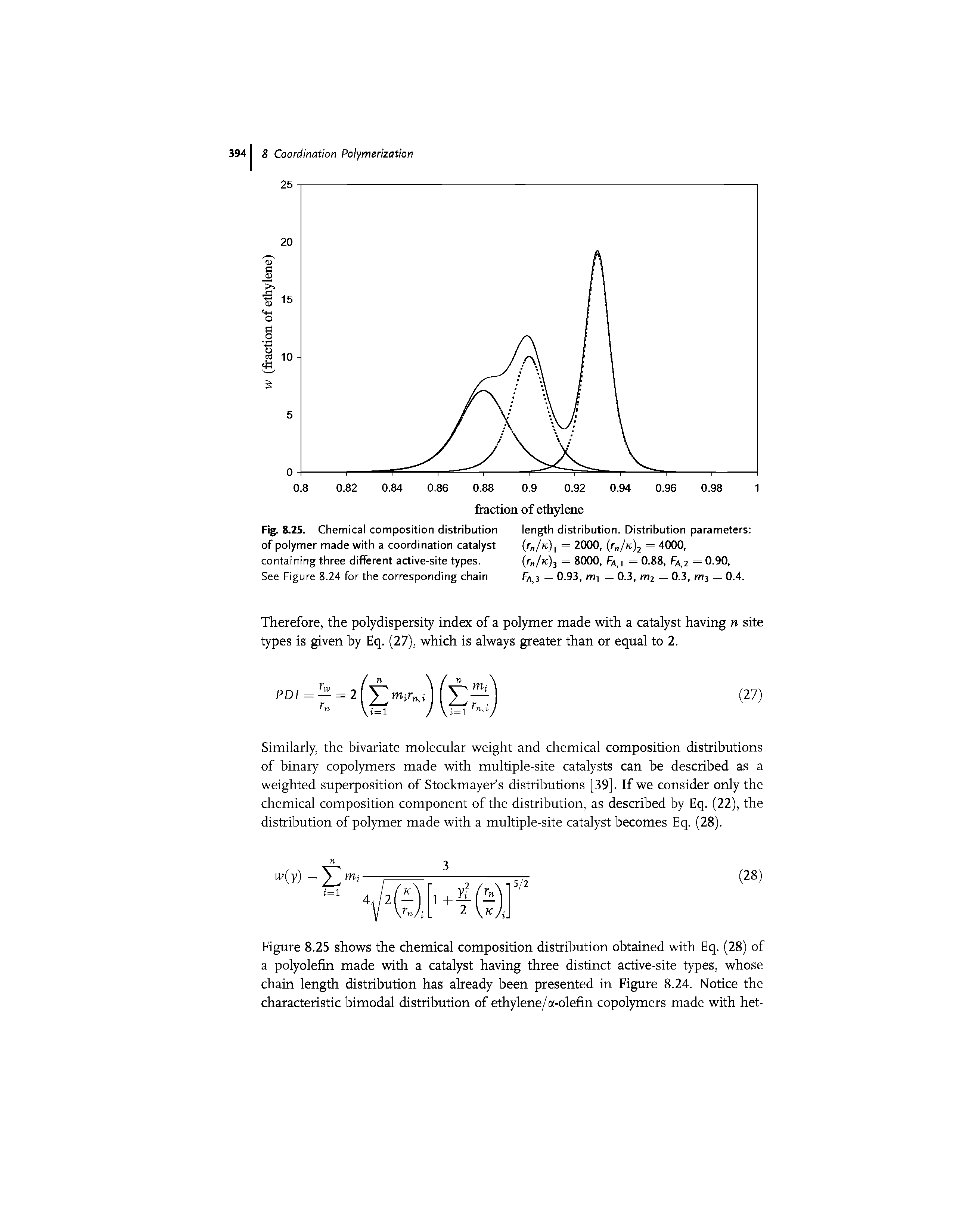Figure 8.25 shows the chemical composition distribution obtained with Eq. (28) of a polyolefin made with a catalyst having three distinct active-site types, whose chain length distribution has already been presented in Figure 8.24. Notice the characteristic bimodal distribution of ethylene/a-olefin copolymers made with het-...
