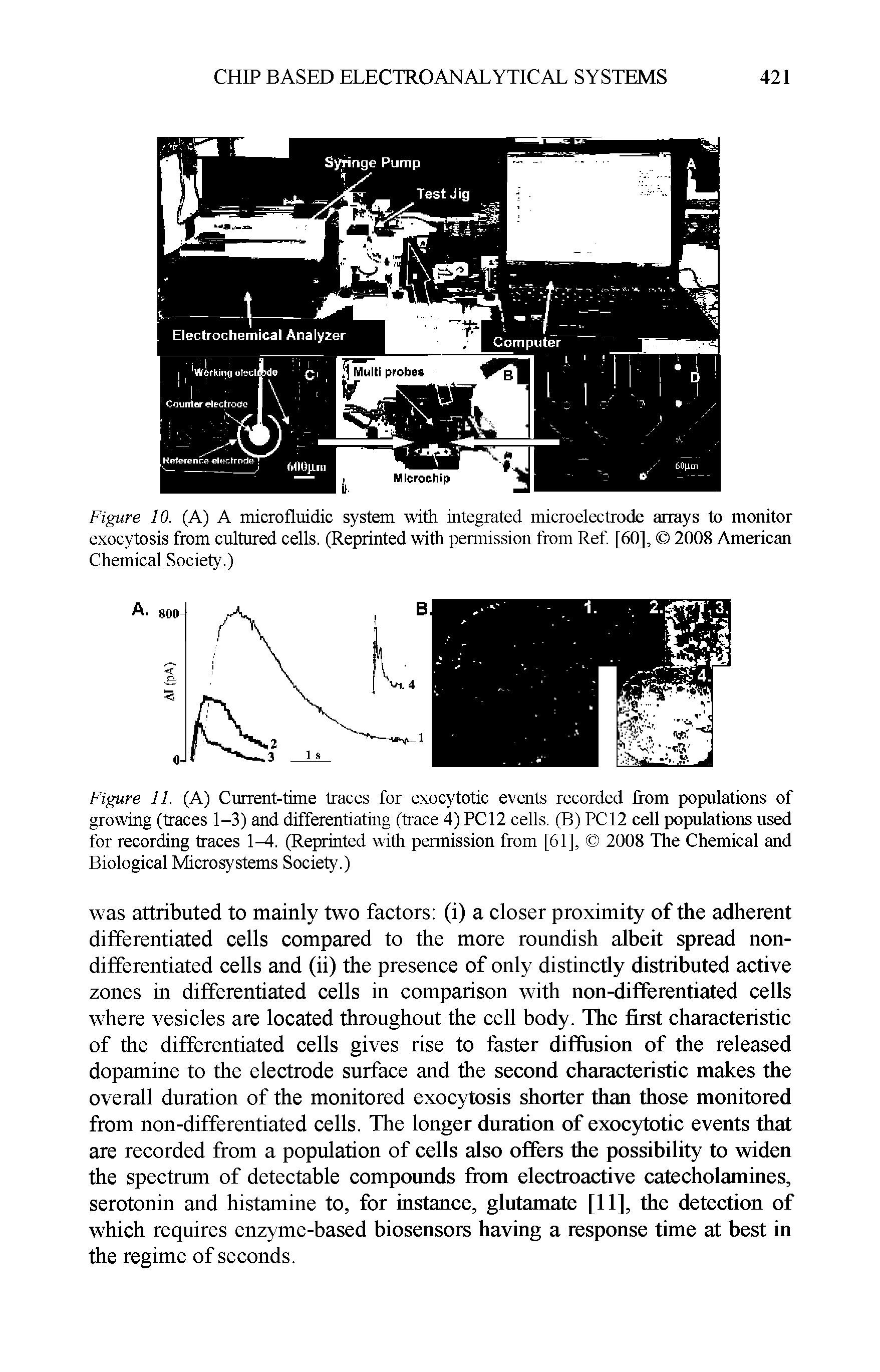 Figure 10. (A) A micro fluidic system with integrated microelectrode arrays to monitor exocytosis from cultured cells. (Reprinted with permission from Ref [60], 2008 American Chemical Society.)...