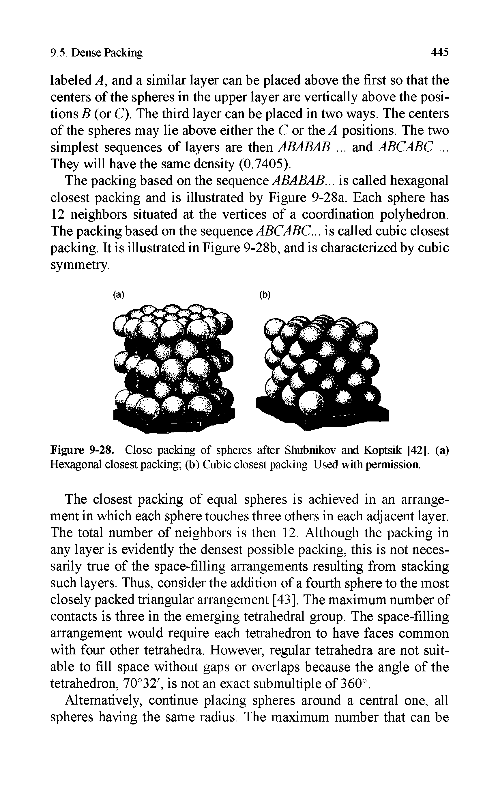 Figure 9-28. Close packing of spheres after Shubnikov and Koptsik [42], (a) Hexagonal closest packing (b) Cubic closest packing. Used with permission.