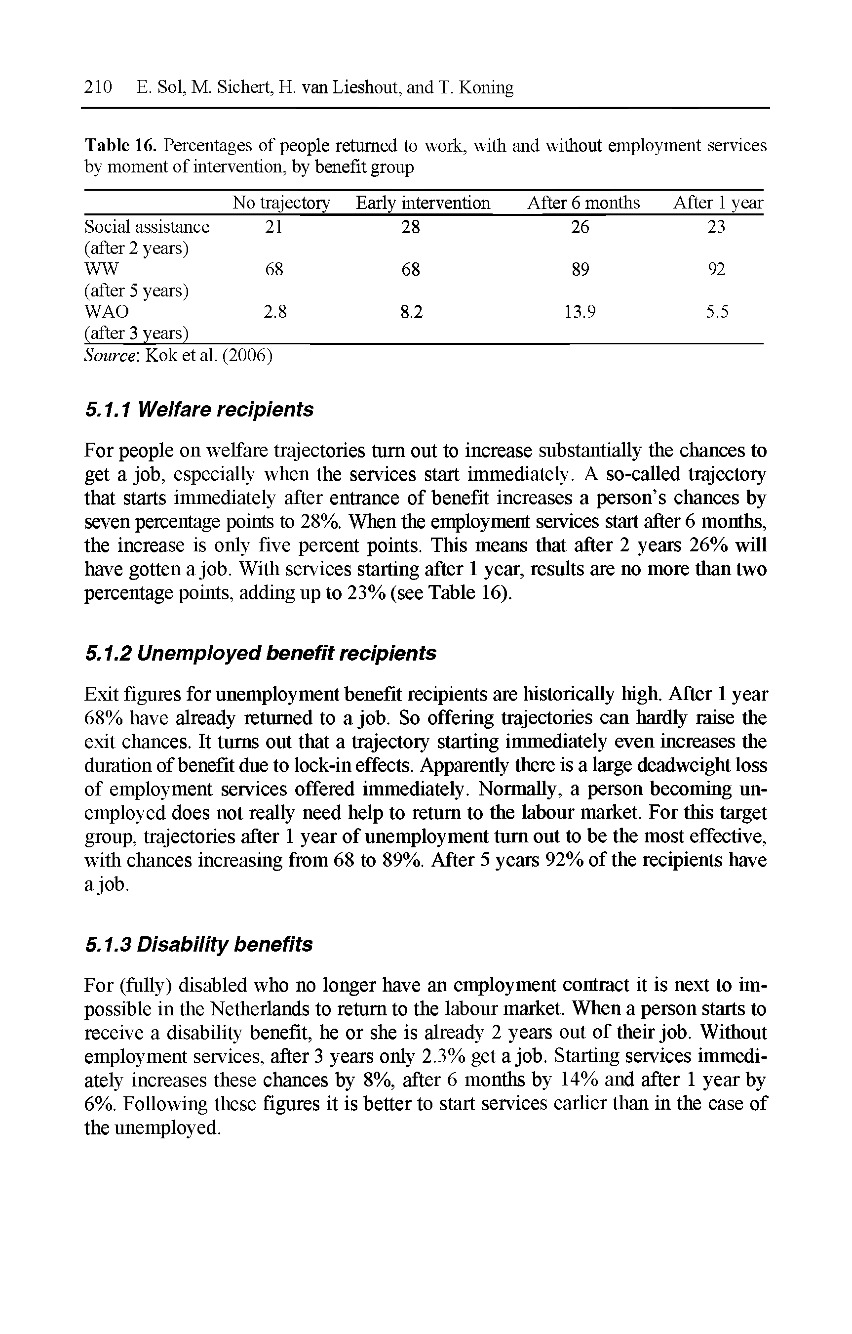 Table 16. Percentages of people returned to work, with and without employment services by moment of intervention, by benefit group...