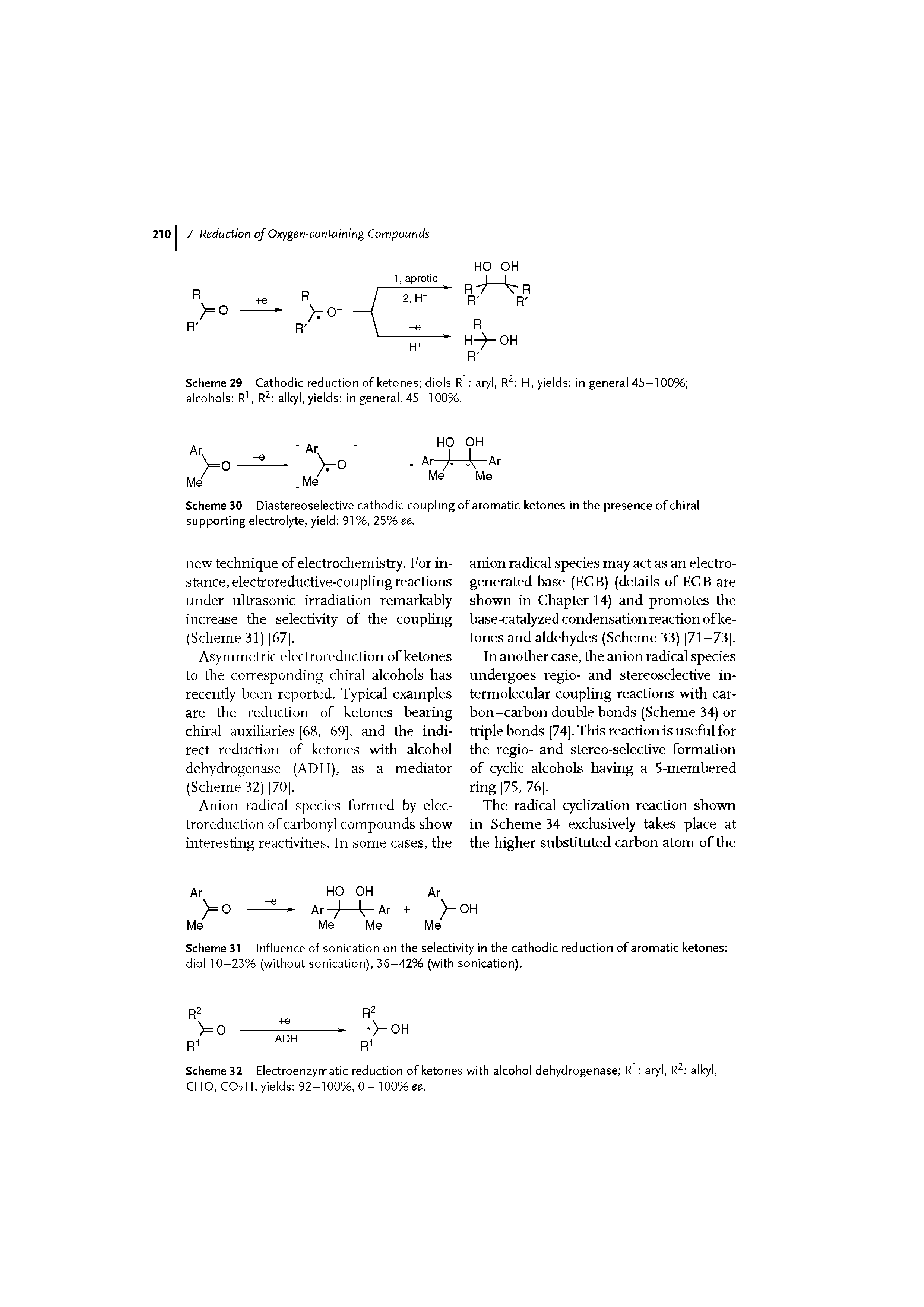 Scheme 32 Electroenzymatic reduction of ketones with alcohol dehydrogenase Rh aryl, R alkyl, CHO, CO2H, yields 92-100%, 0 - 100% ee.