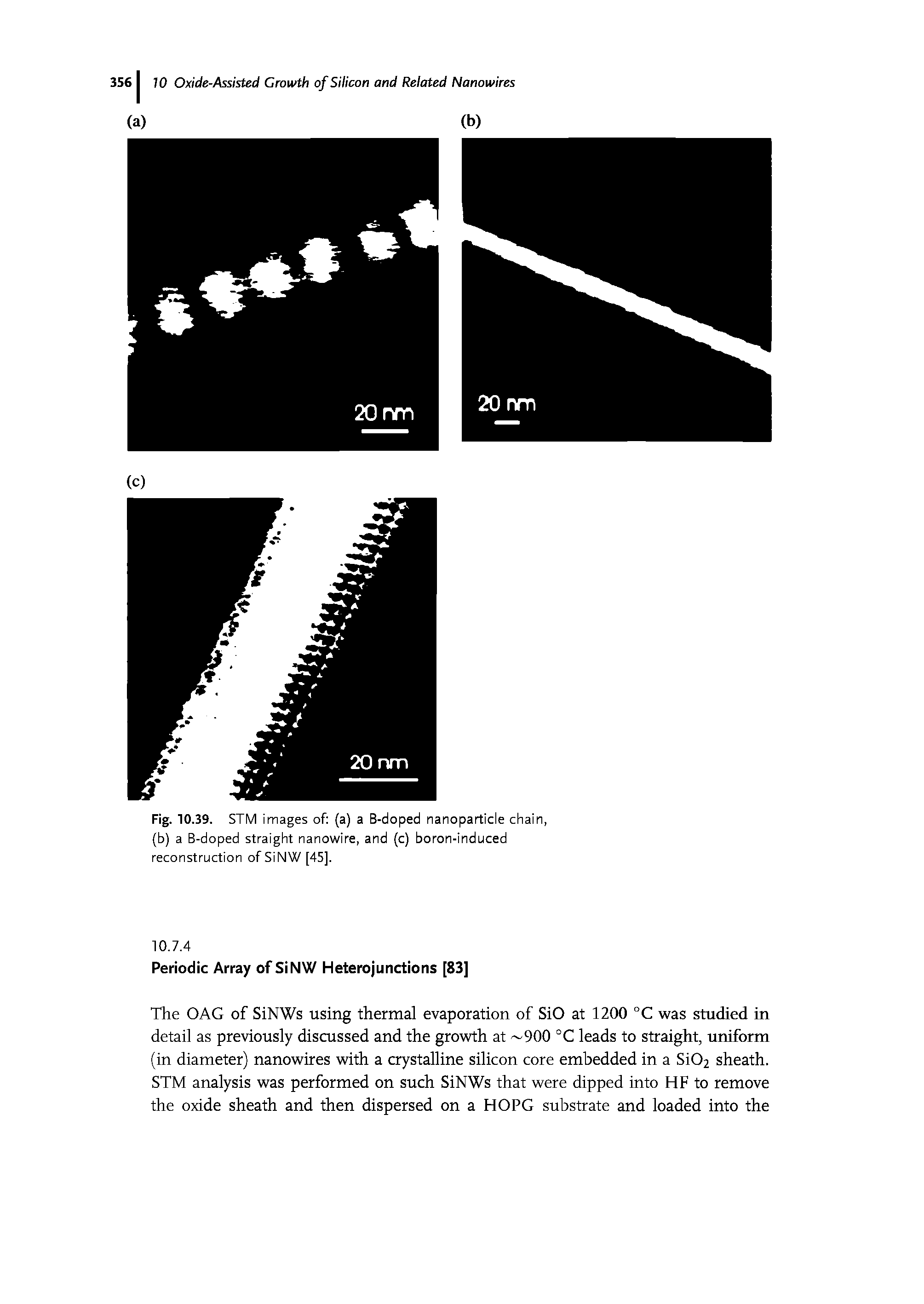 Fig. 10.39. STM images of (a) a B-doped nanoparticle chain, (b) a B-doped straight nanowire, and (c) boron-induced reconstruction of SiNW [45].