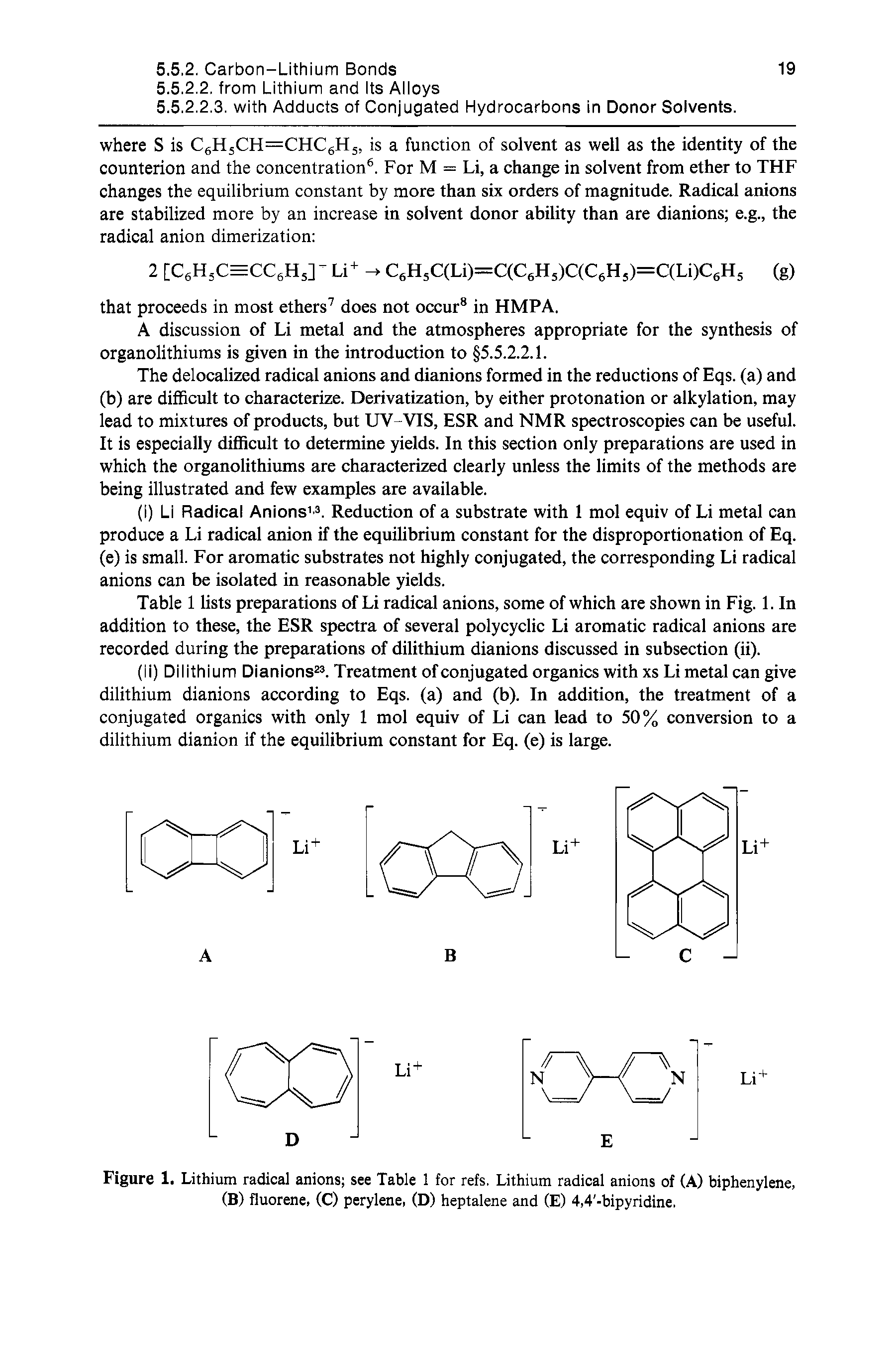 Figure 1. Lithium radical anions see Table 1 for refs. Lithium radical anions of (A) biphenylene, (B) fluorene, (C) perylene, (D) heptalene and (E) 4,4 -bipyridine.