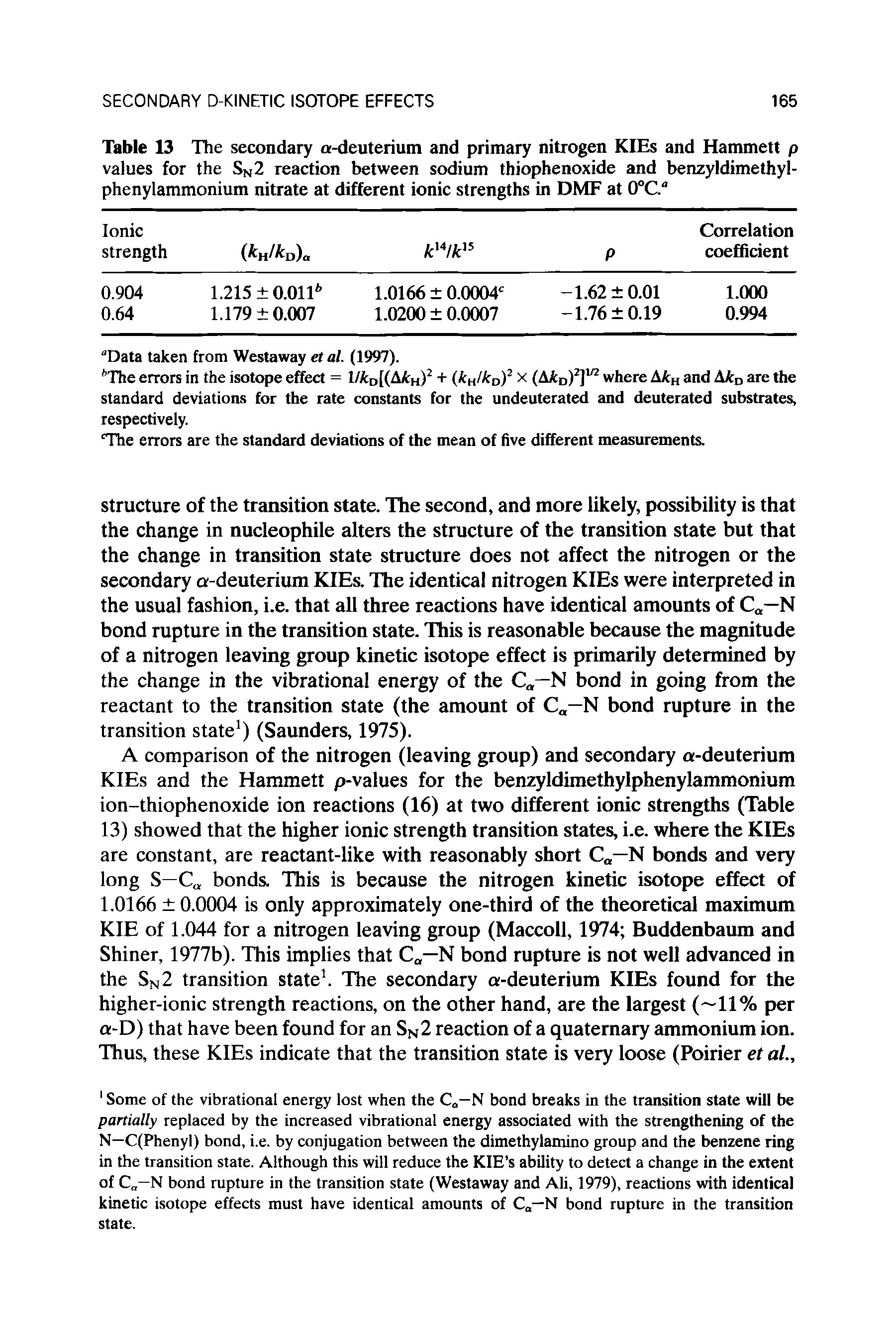 Table 13 The secondary a-deuterium and primary nitrogen KIEs and Hammett p values for the SN2 reaction between sodium thiophenoxide and benzyldimethyl-phenylammonium nitrate at different ionic strengths in DMF at 0°C. ...