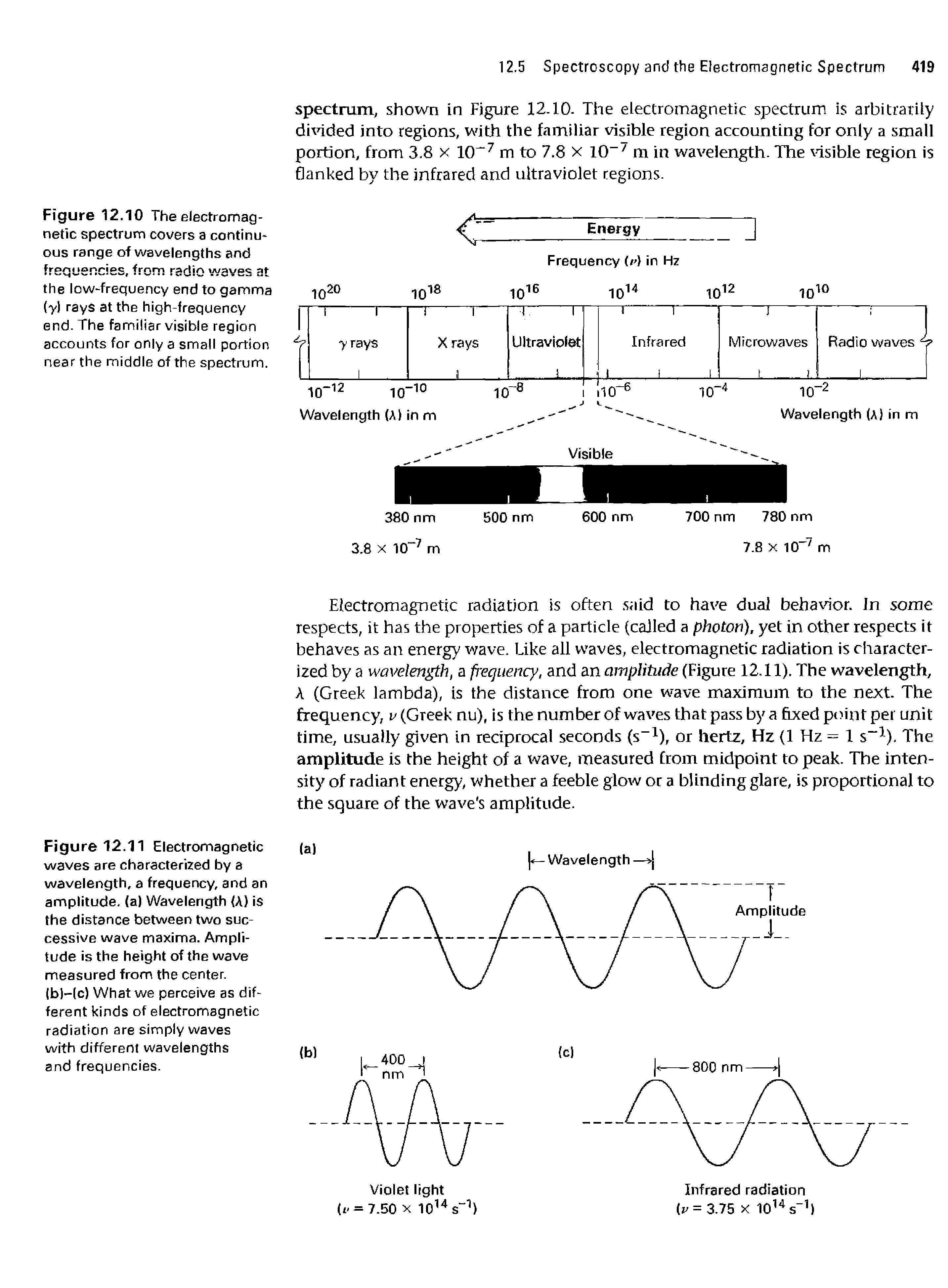 Figure 12.11 Electromagnetic waves are characterized by a wavelength, a frequency, and an amplitude, (a) Wavelength (A) is the distance between two successive wave maxima. Amplitude is the height of the wave measured from the center. (b)-(c) What we perceive as different kinds of electromagnetic radiation are simply waves with different wavelengths and frequencies.