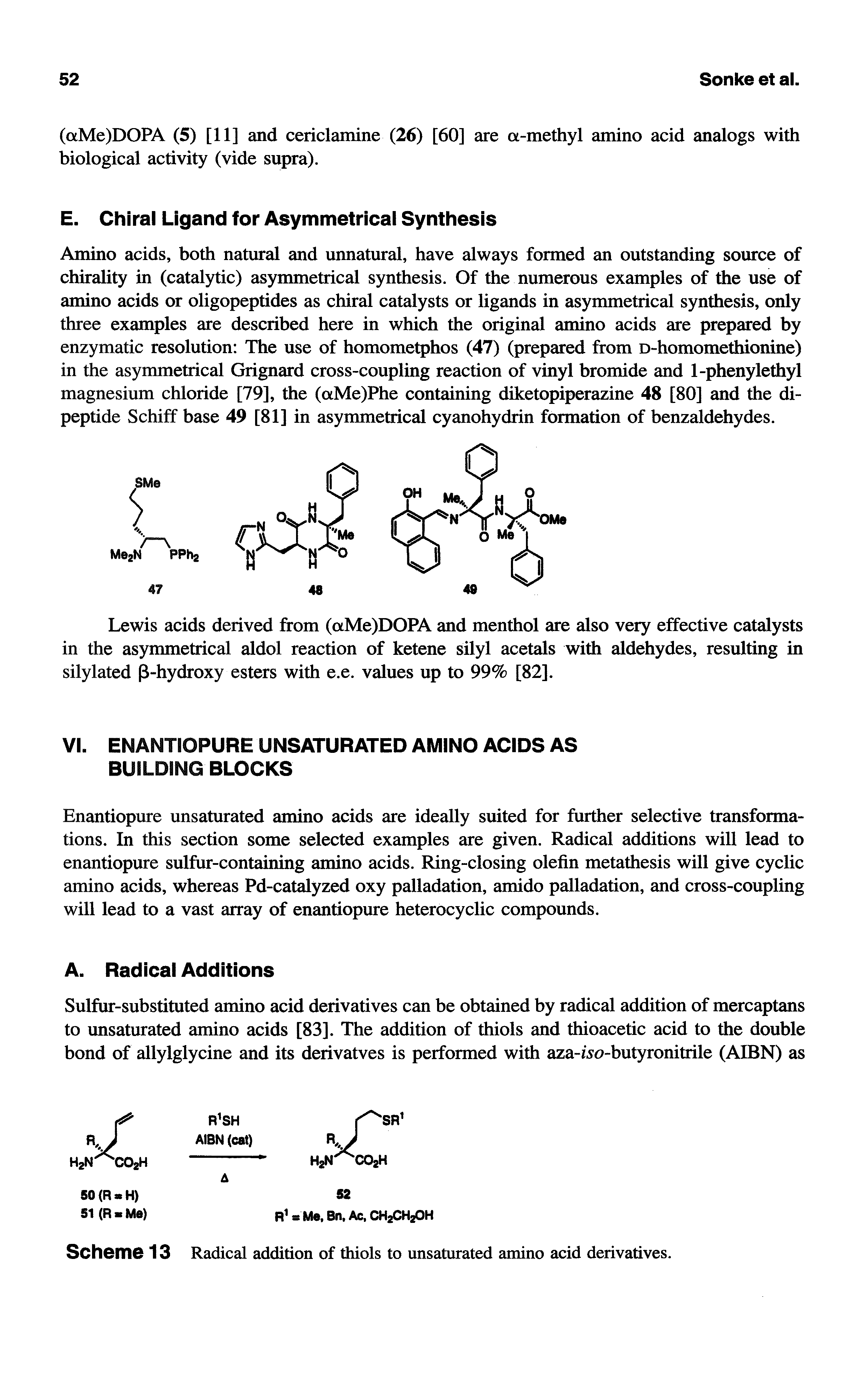 Scheme 13 Radical addition of thiols to unsaturated amino acid derivatives.