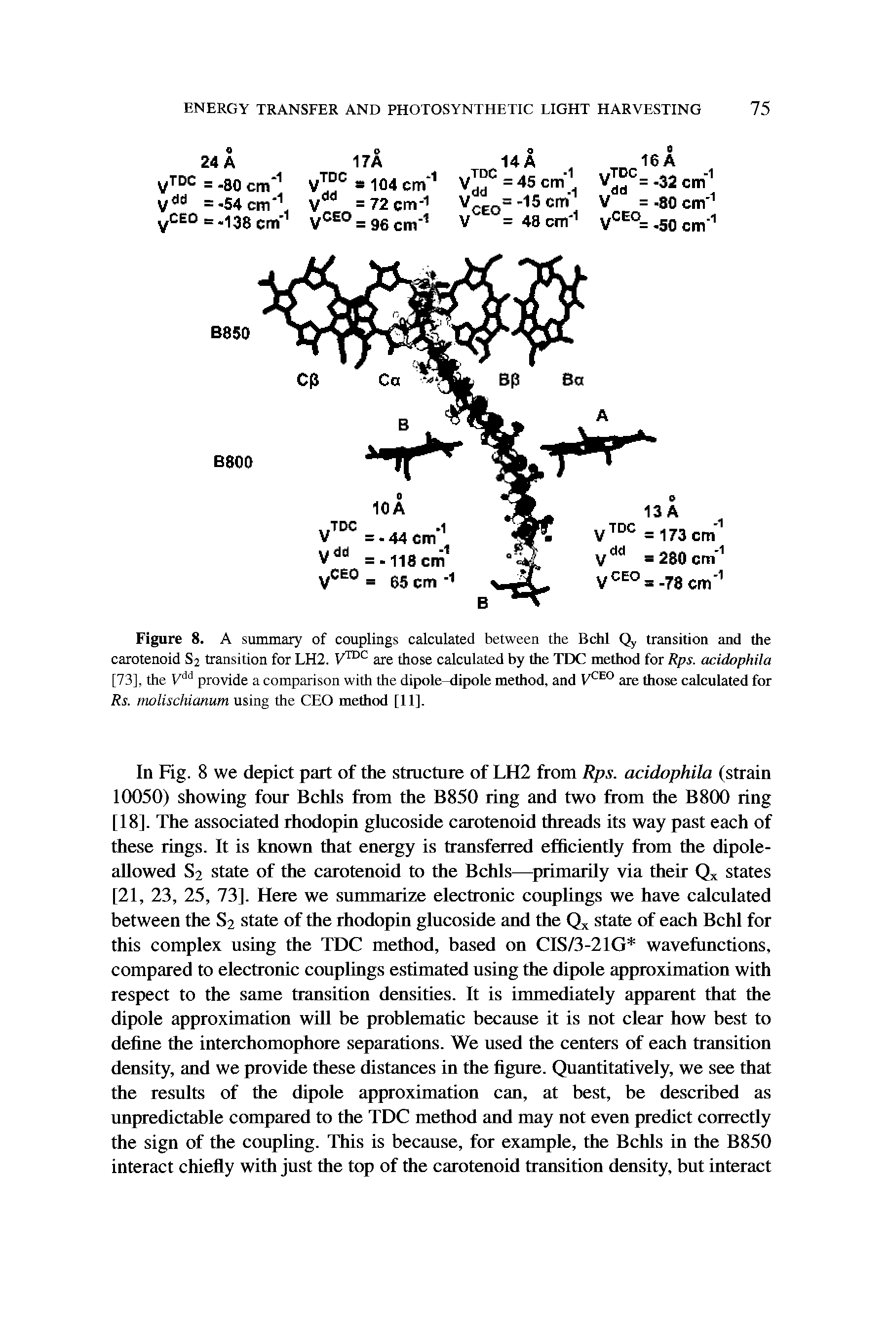 Figure 8. A summary of couplings calculated between the Bchl Qy transition and the carotenoid S2 transition for LH2. are those calculated by the TEXT method for Rps. acidophila [73], the provide a comparison with the dipole-dipole method, and V - are those calculated for Rs. molischianum using the CEO method [11],...